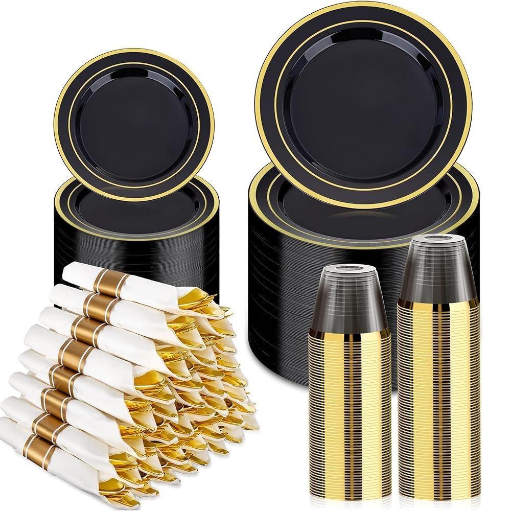 Phewnyzo  350pcs Black Gold Dinnerware Set for 50 Guests Disposable Plastic Plates Cups Spoons Forks Knives Elegant Party Tableware for Halloween