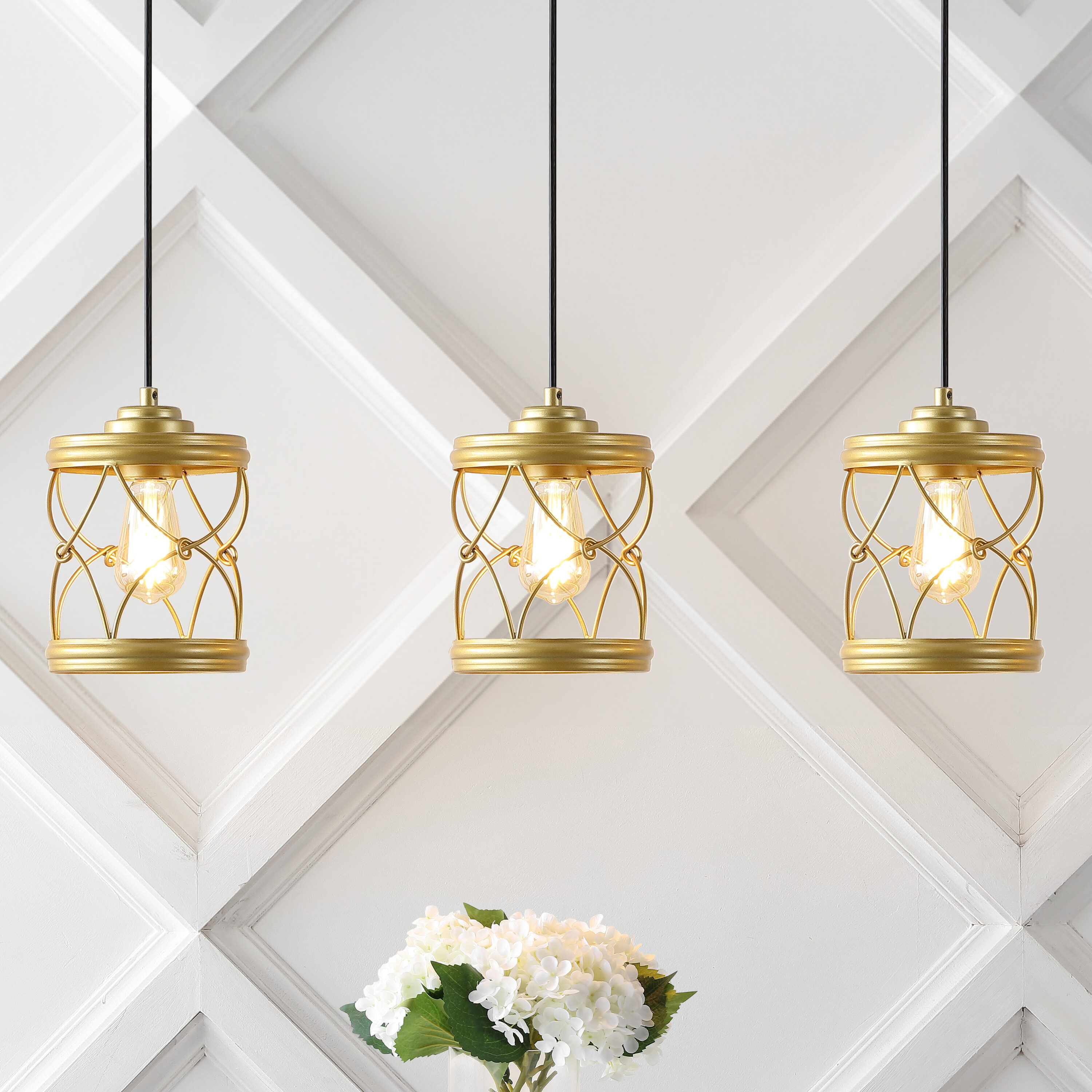 JONATHAN  Y JYL7909A-SET3 Marelle 6.5" Iron Filigree Caged Jar Farmhouse Gold Painting Bohemian/global Clear glass Lantern Medium Hanging Kitchen island light
