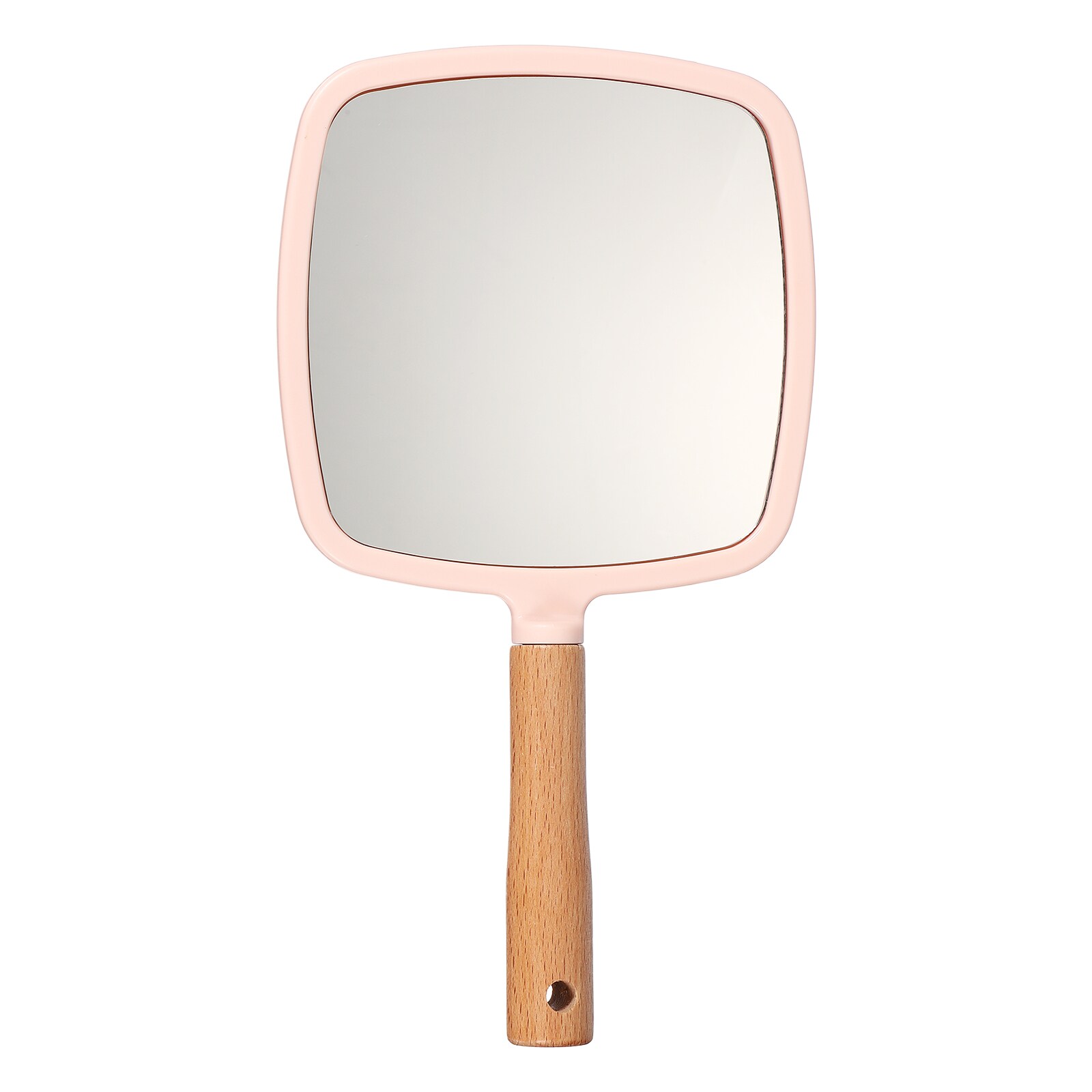 Unique Bargains 1pc Hand Held Mirror Wood Portable Hand Vanity Mirrors Single Side with Hook Hole for Bathroom Bedroom Travel and Makeup Use Pink(Square) #S26042800UX3151