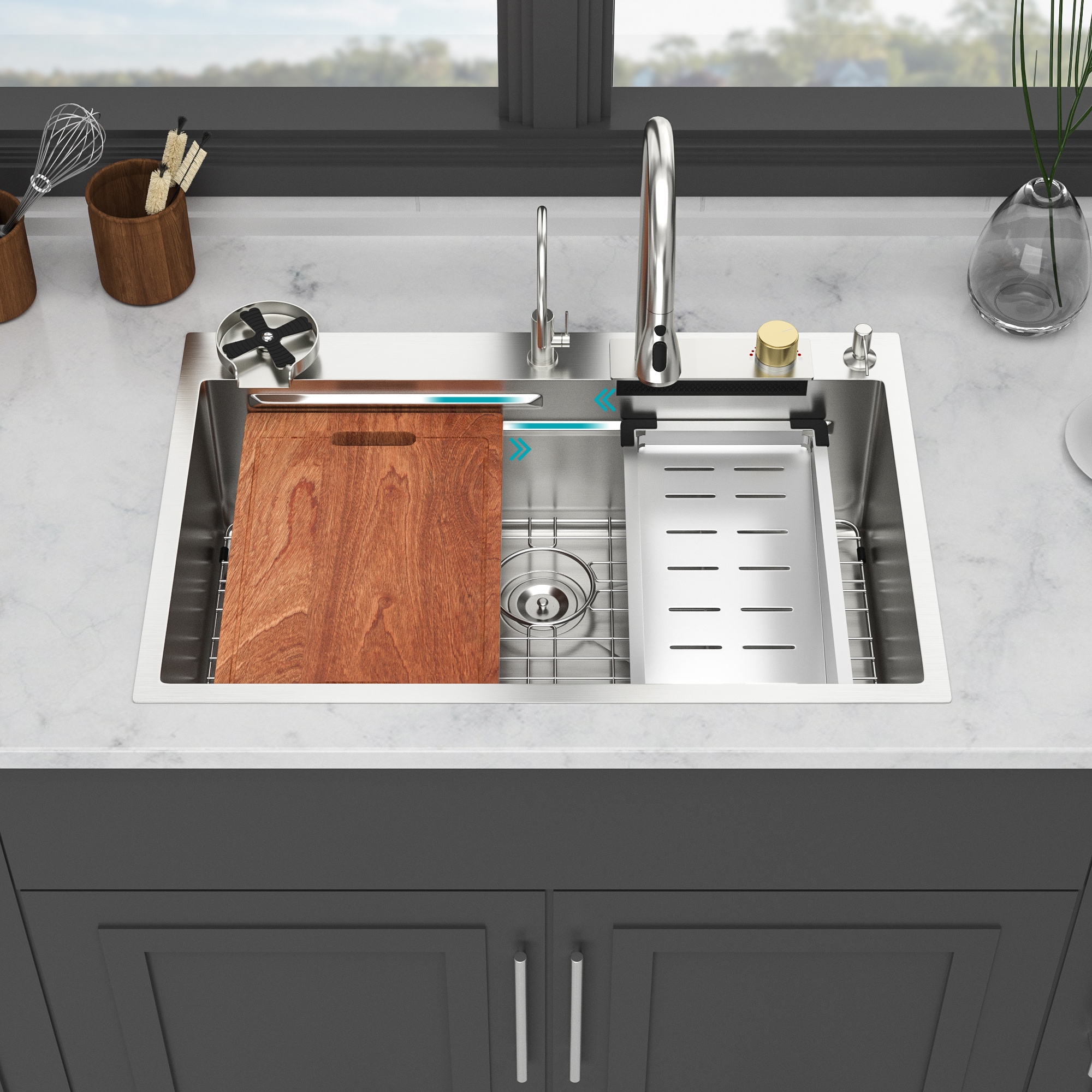 Lirago 33 in Drop in Waterfall Kitchen Sink 33x22x10 inch Single Bowl 16 Gauge Stainless Steel Ledge Workstation Kitchen Sinks with Pull-Down Faucet and Cup Washer