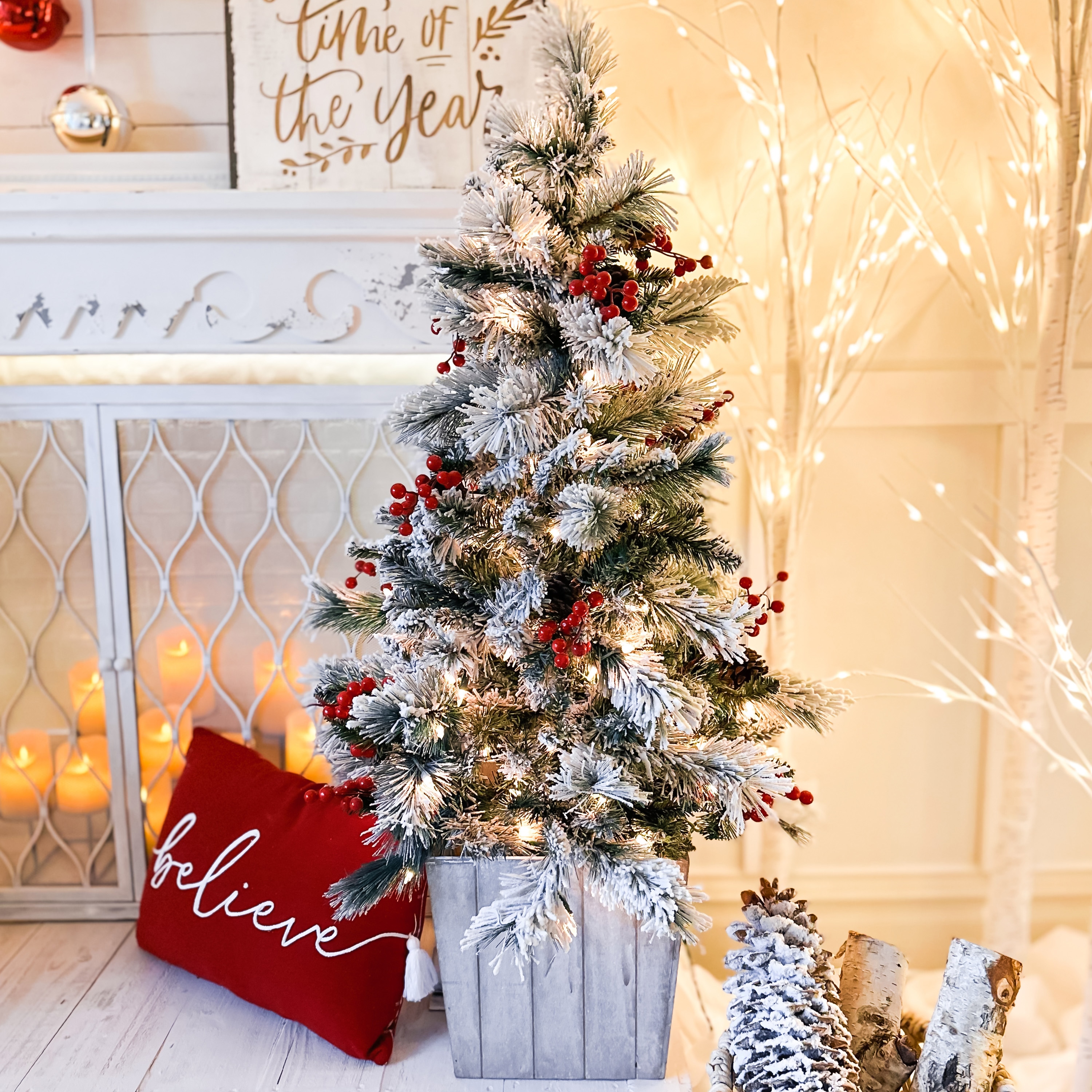 4ft Pre-Lit Frosted Ashcroft Fir Potted Christmas Tree with Red Berries
