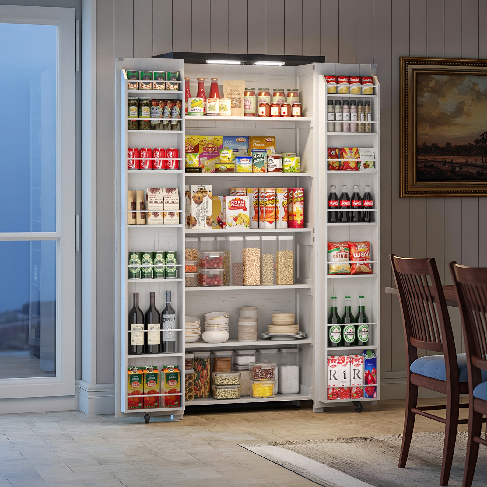 FIMELLO - 72-in H Farmhouse White Tall Kitchen Pantry Storage Cabinet Adjustable Shelves and LED ...