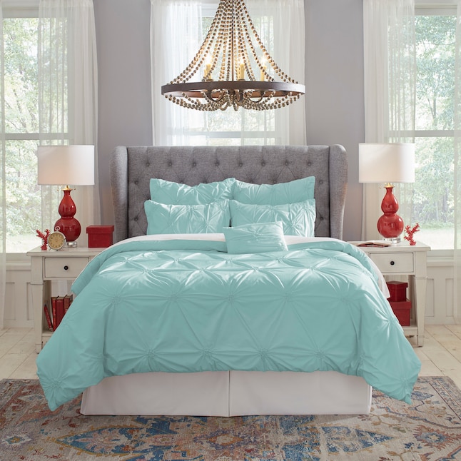 Cotton Pintuck Comforter Set 4 Piece, Aqua Twin Bed Comforter
