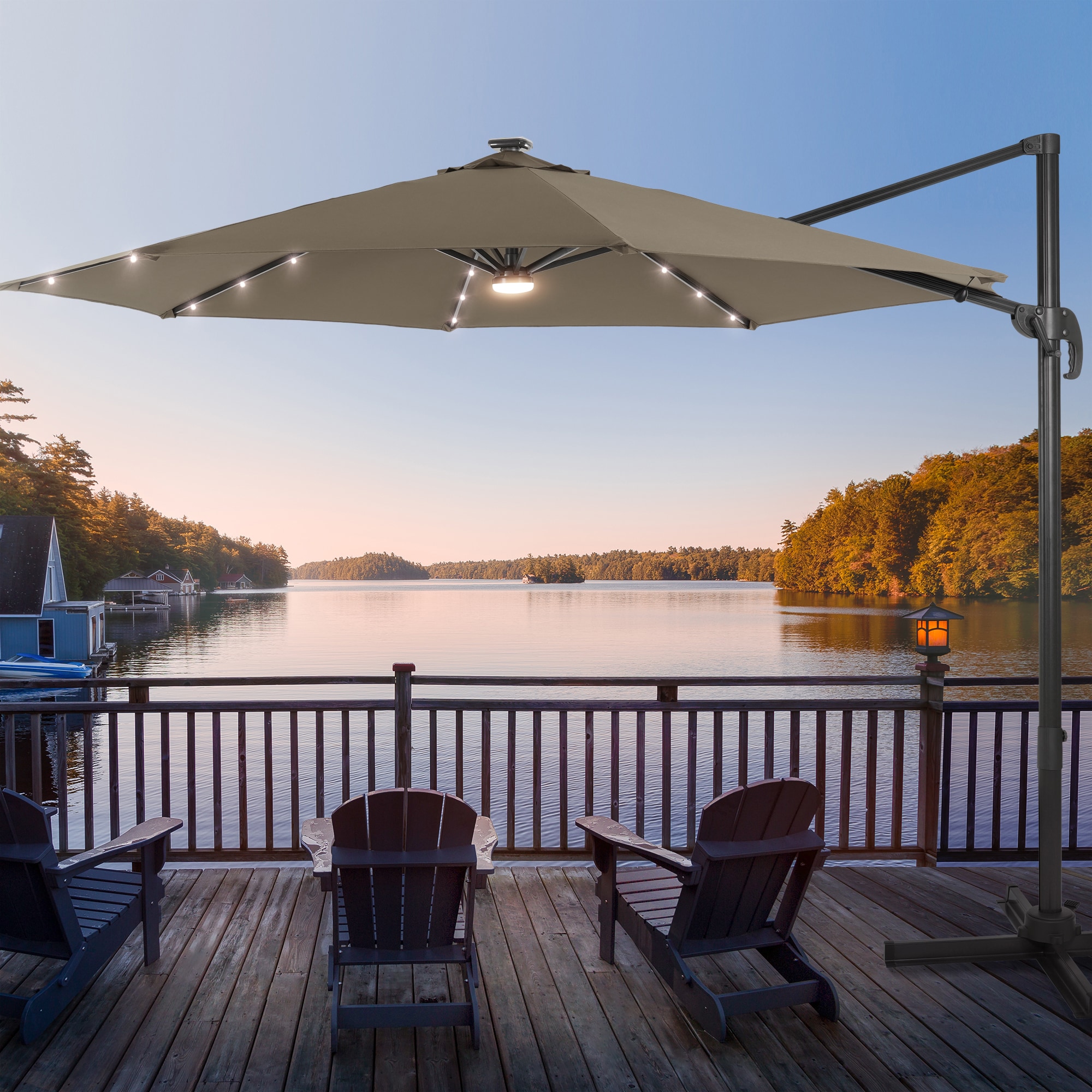 Sonkuki SD-MN12K-LED 10-ft Aluminum Tan No-tilt Cantilever Patio Umbrella with Lights
