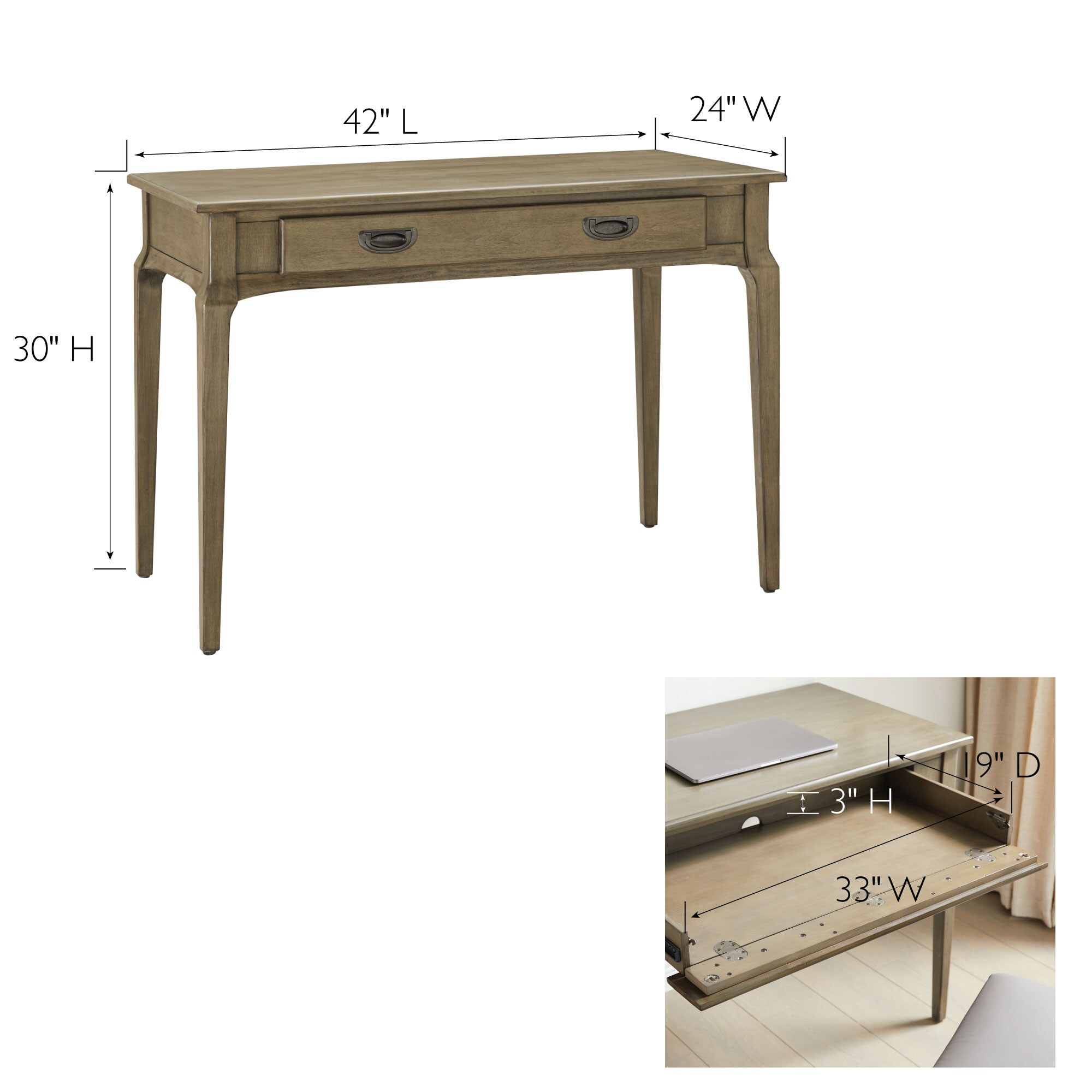 Smoke Gray Solid Wood Laptop Desk with Drawer