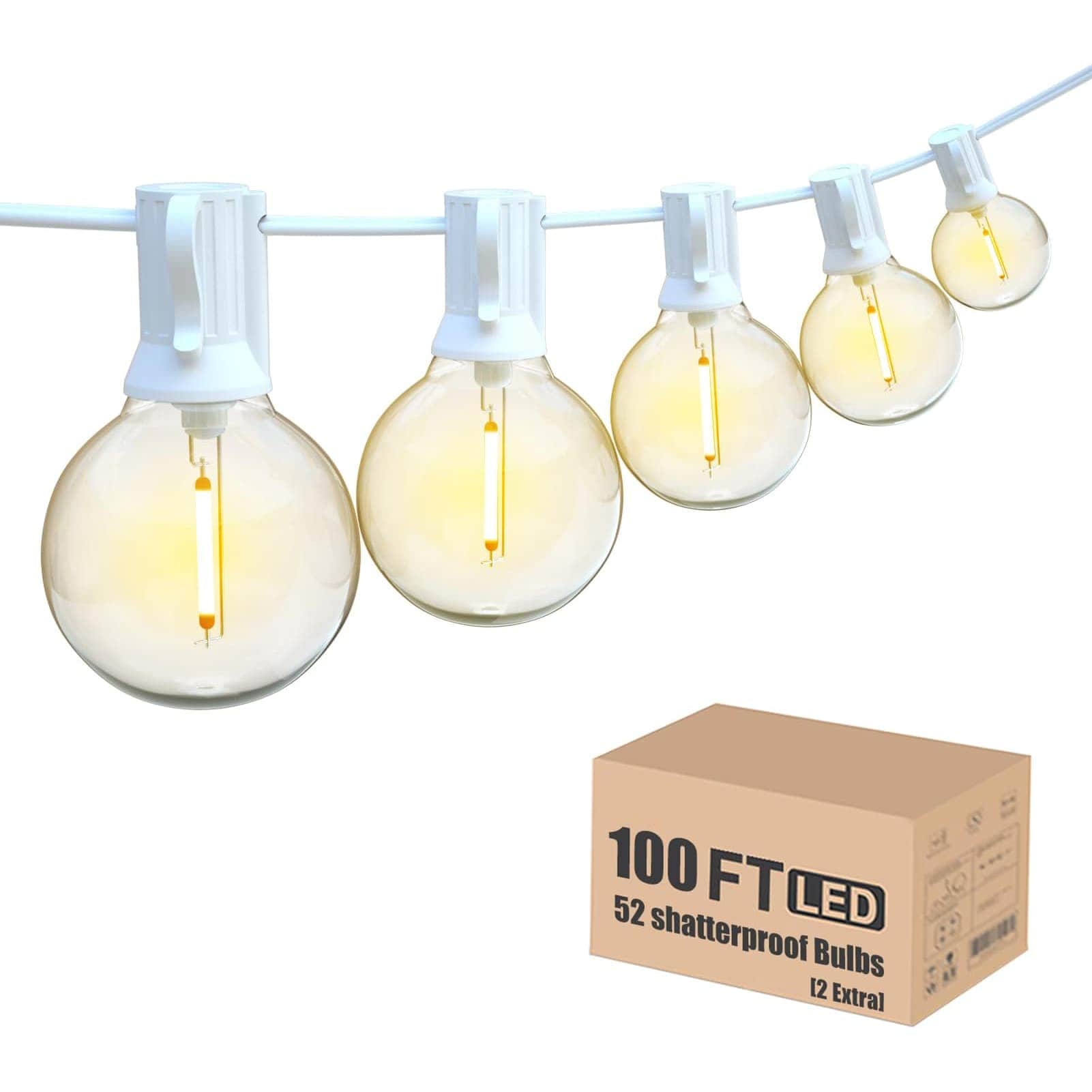 Etokfoks  100FT Outdoor String Lights 52 Piece G40 Globe Patio Lights Waterproof Shatterproof LED 2700K Dimmable White Wire for Backyard Party
