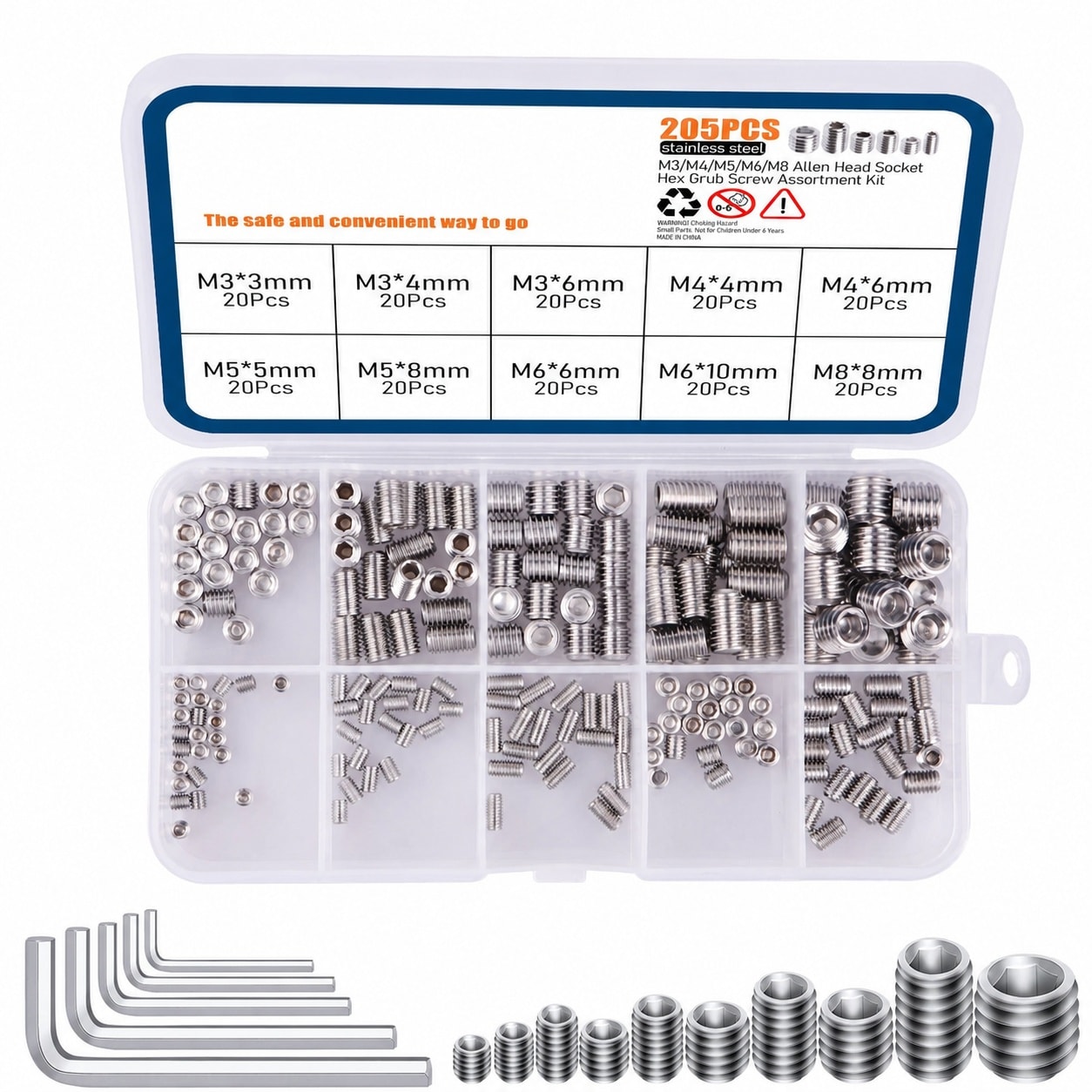 Aoibox  200 Piece Metric Hex Socket Grub Screw Kit Stainless Steel M3 M4 M5 M6 M8 Assortment