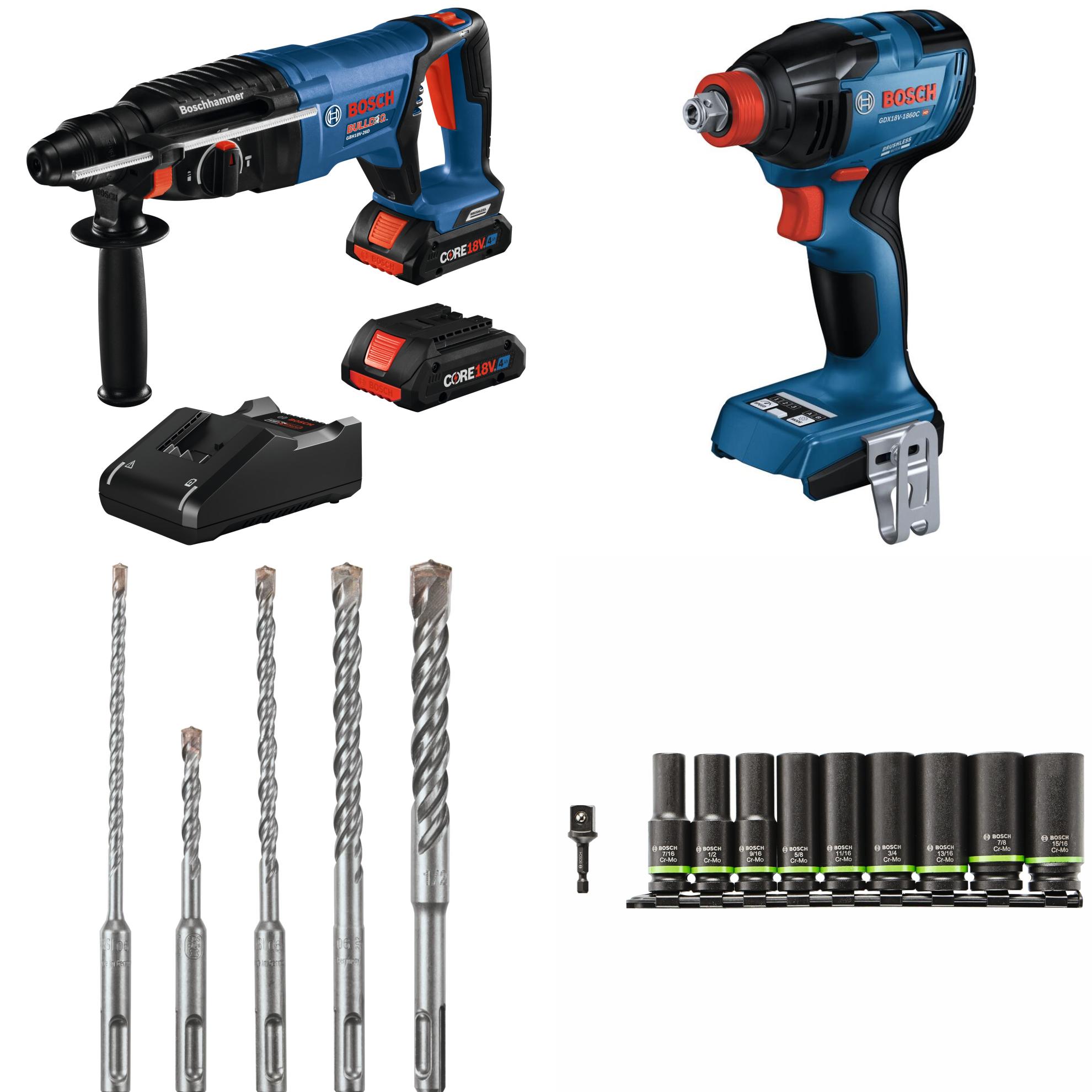Bosch  18V EC Brushless SDS-plus® Bulldog™ 1 In. Rotary Hammer Kit with (2) CORE18V 4 Ah Advanced Power Batteries, 18V Connected-Ready Two-In-One 1/4 In. and 1/2 In. Bit/Socket Impact Driver/Wrench (Bare Tool), SDS-plus® Bulldog™ Rotary Hammer Drill Bit Sets and Impact Tough™ Pro Socket Sets