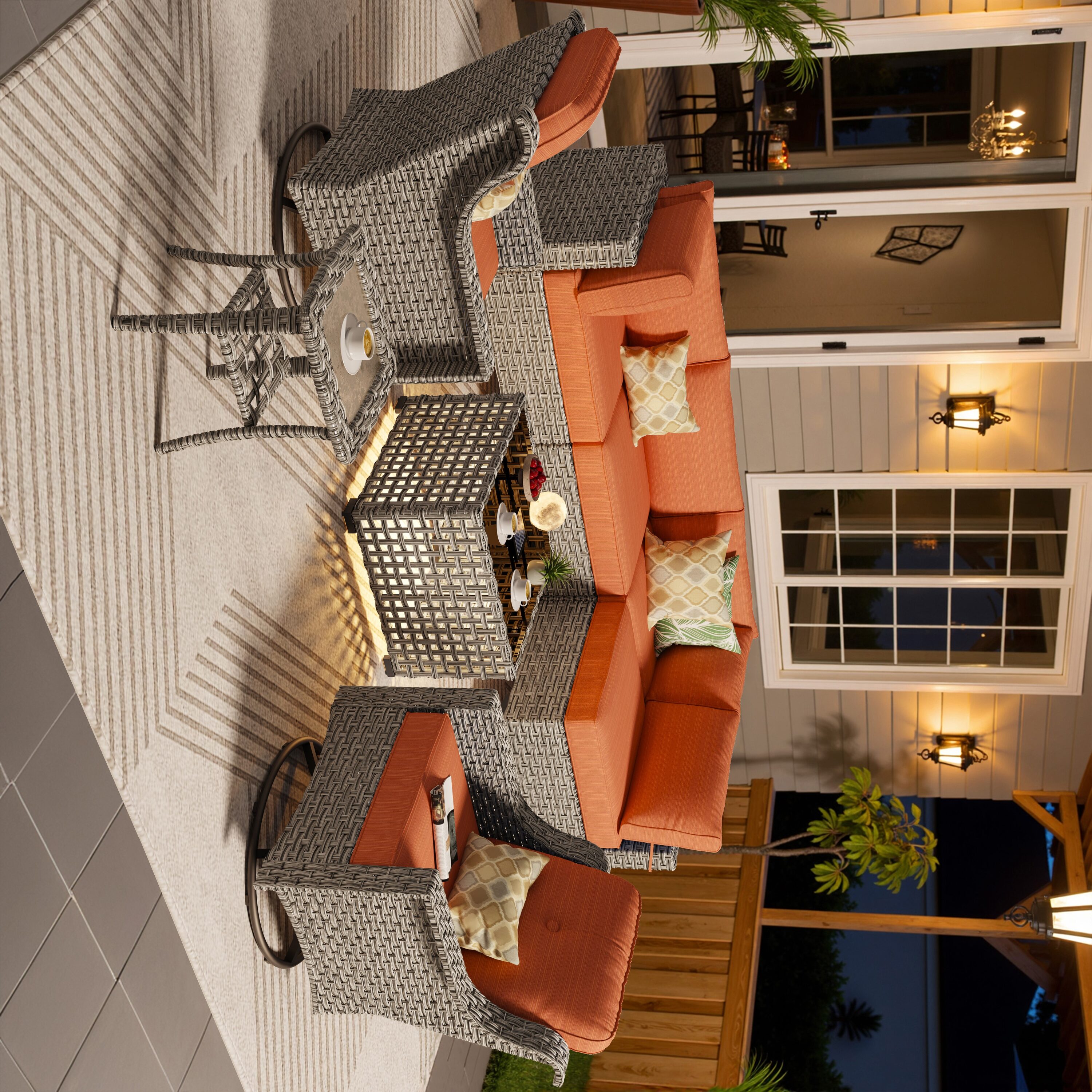 Ovios SK808YP 8 -Piece Wicker Patio Conversation Set with Orange Cushions