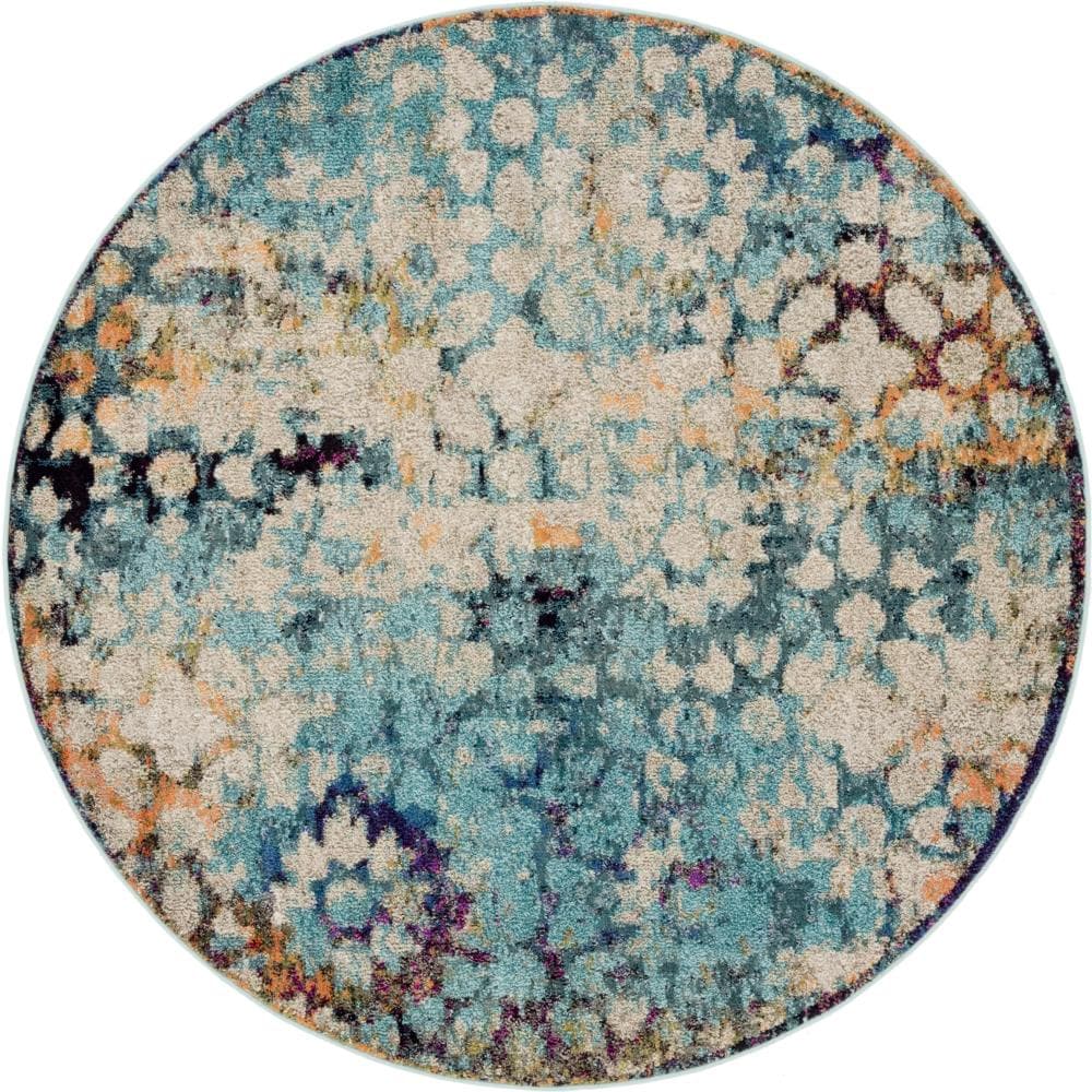 Unique Loom 3144756 Pollock Vita 6 x 6 (ft) Loomed Polypropylene Turquoise/Ivory Round Indoor Abstract Bohemian/Eclectic Area rug