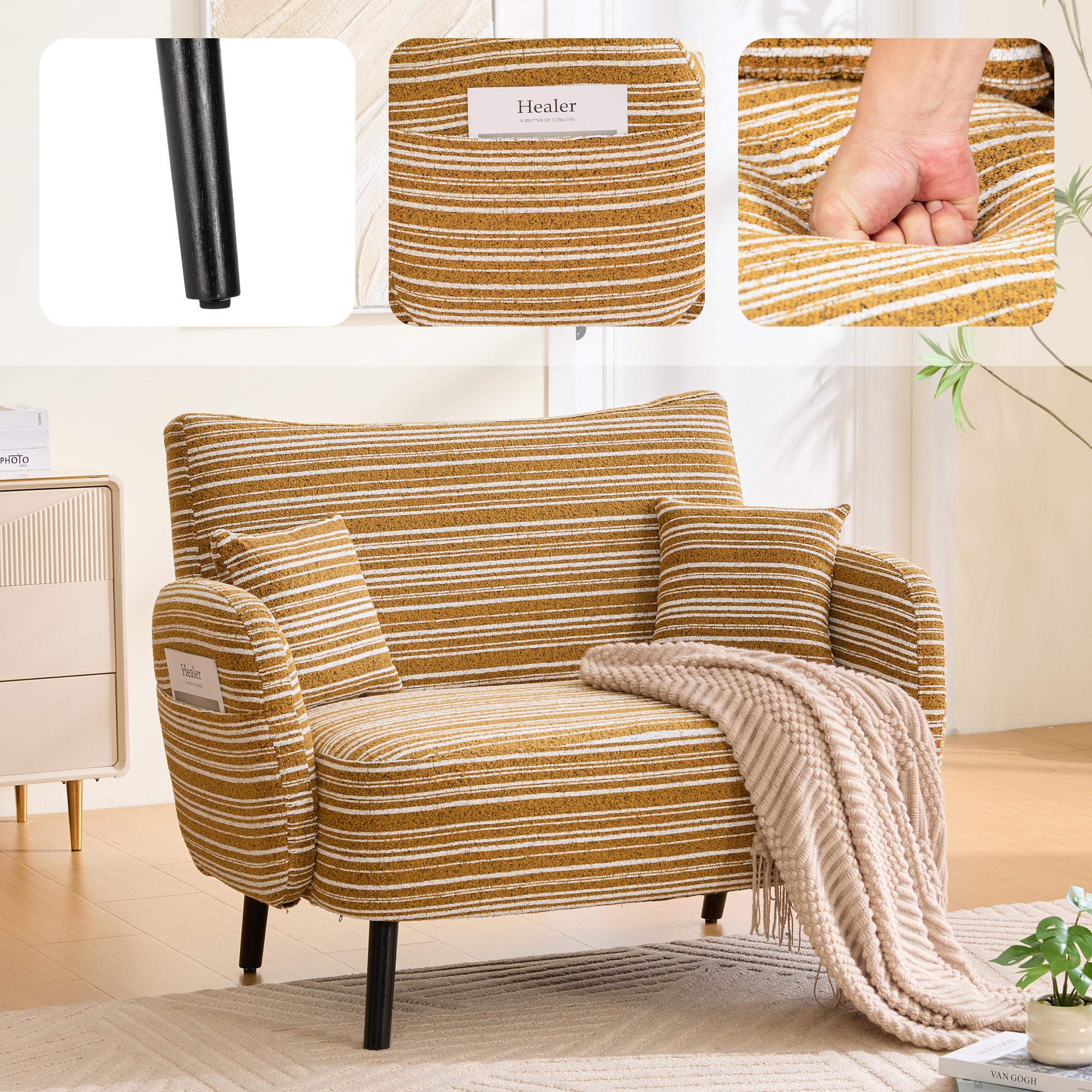 LOVMOR Modern style two seater sofa with ultra comfortable armrests armrest pillows and storage pockets deep seated two seater sofa comfortable modern sofa for bedroom small spaces apartments and offi