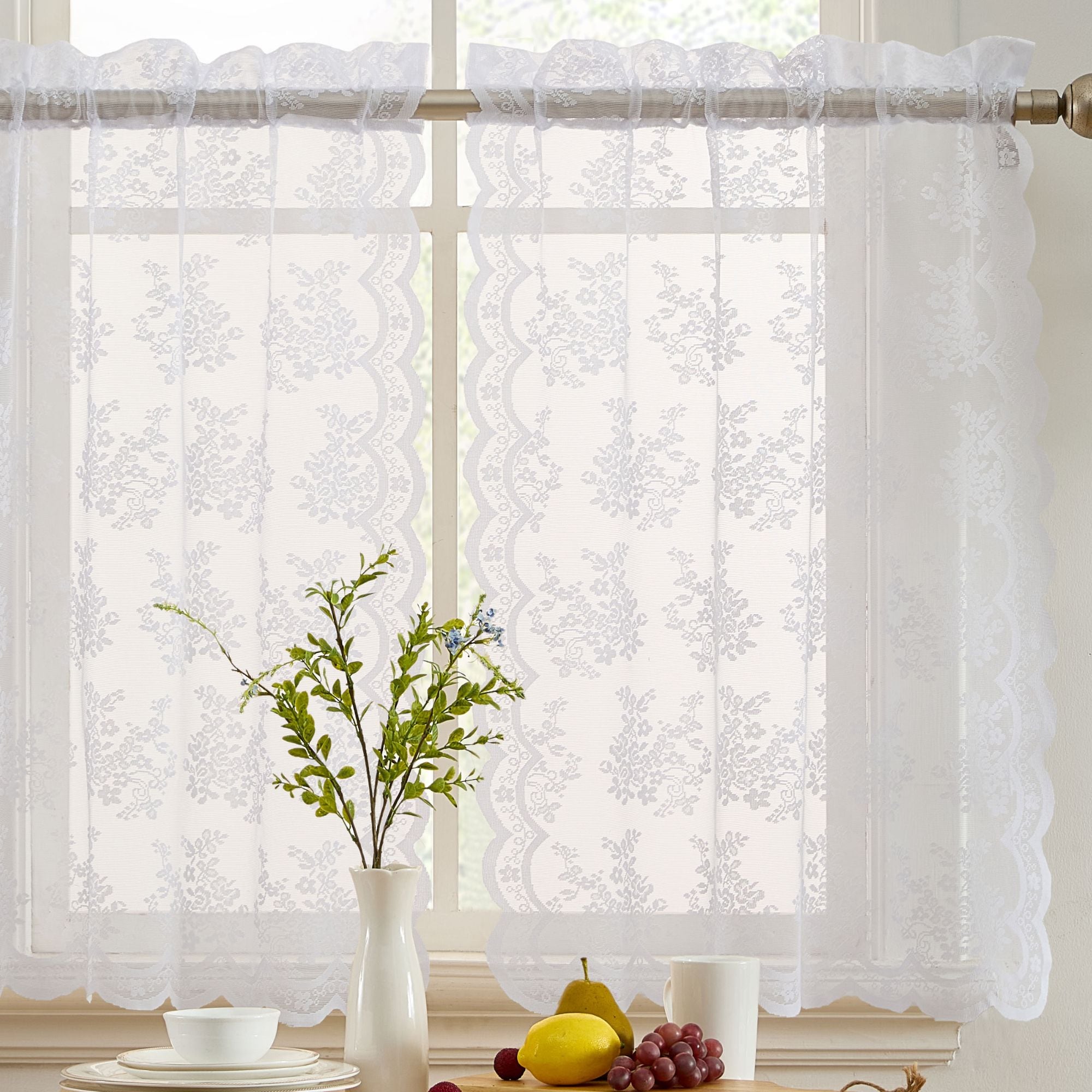 HLC.me JLN-24-WHT Jolene Floral Rod Pocket Lace Sheer Short Cafe Tiers Small Windows - Set of 2