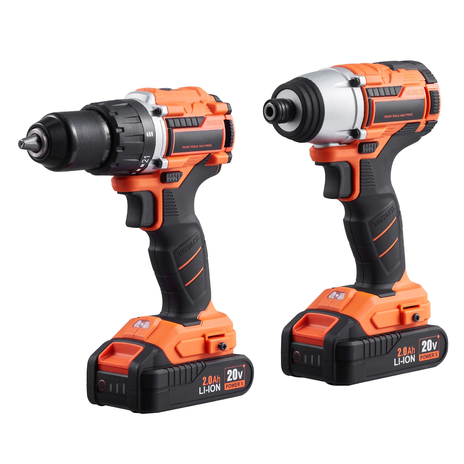 GIVIMO 20-V Max Cordless Drill and Impact Driver Combo Kit Brushless Motor 1/2-in Drill 60-Nm 21 Plus 1 Clutch 0 to 2000-RPM with 1/4-in Impact Driver 150-Nm 2900-RPM 3000-BPM Two 2.0-Ah Batteries Charger Screws and Cloth Bag for Repair and Renovation