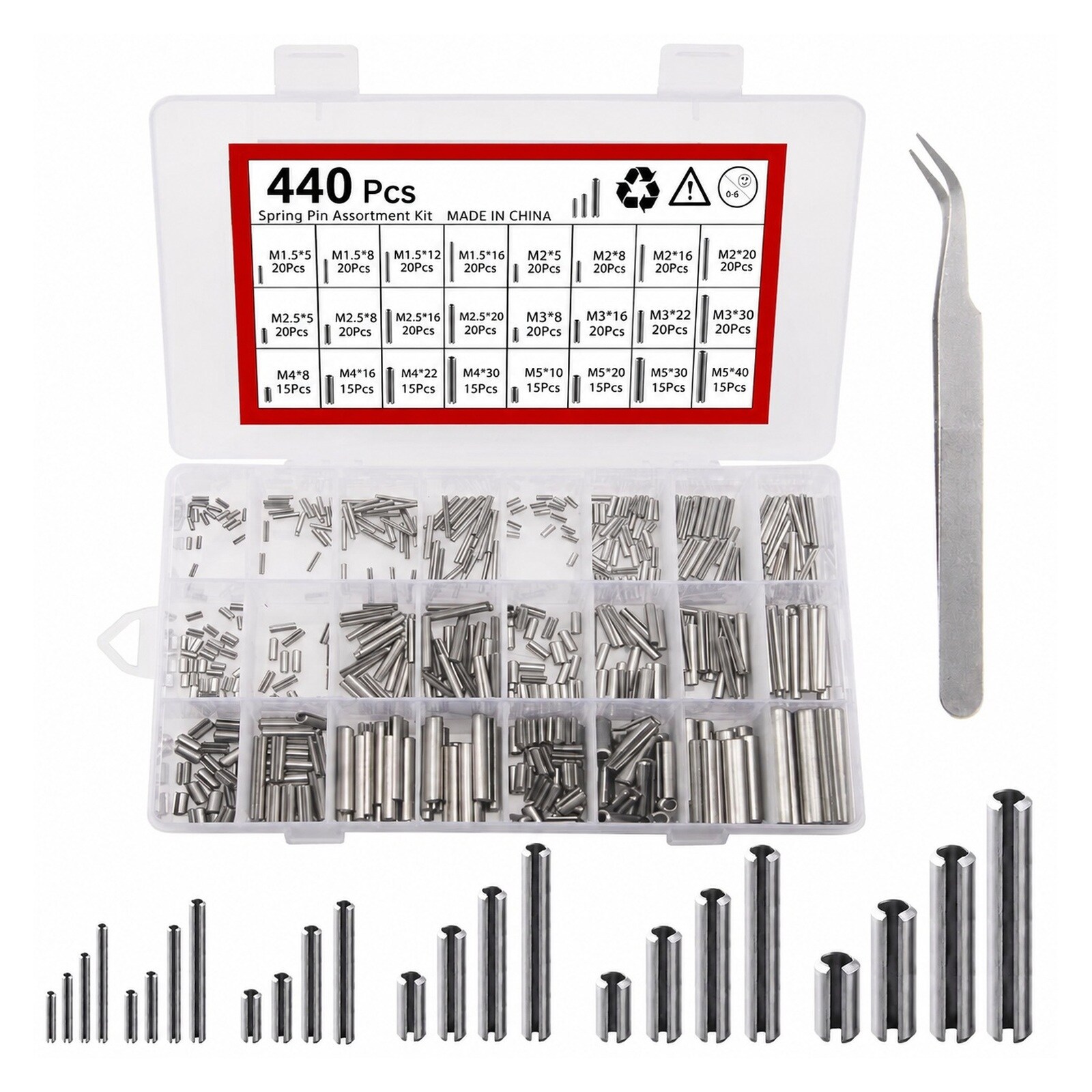 KHKFY 440-Piece 304 Stainless Steel Slotted Spring Pin Assortment Kit ...