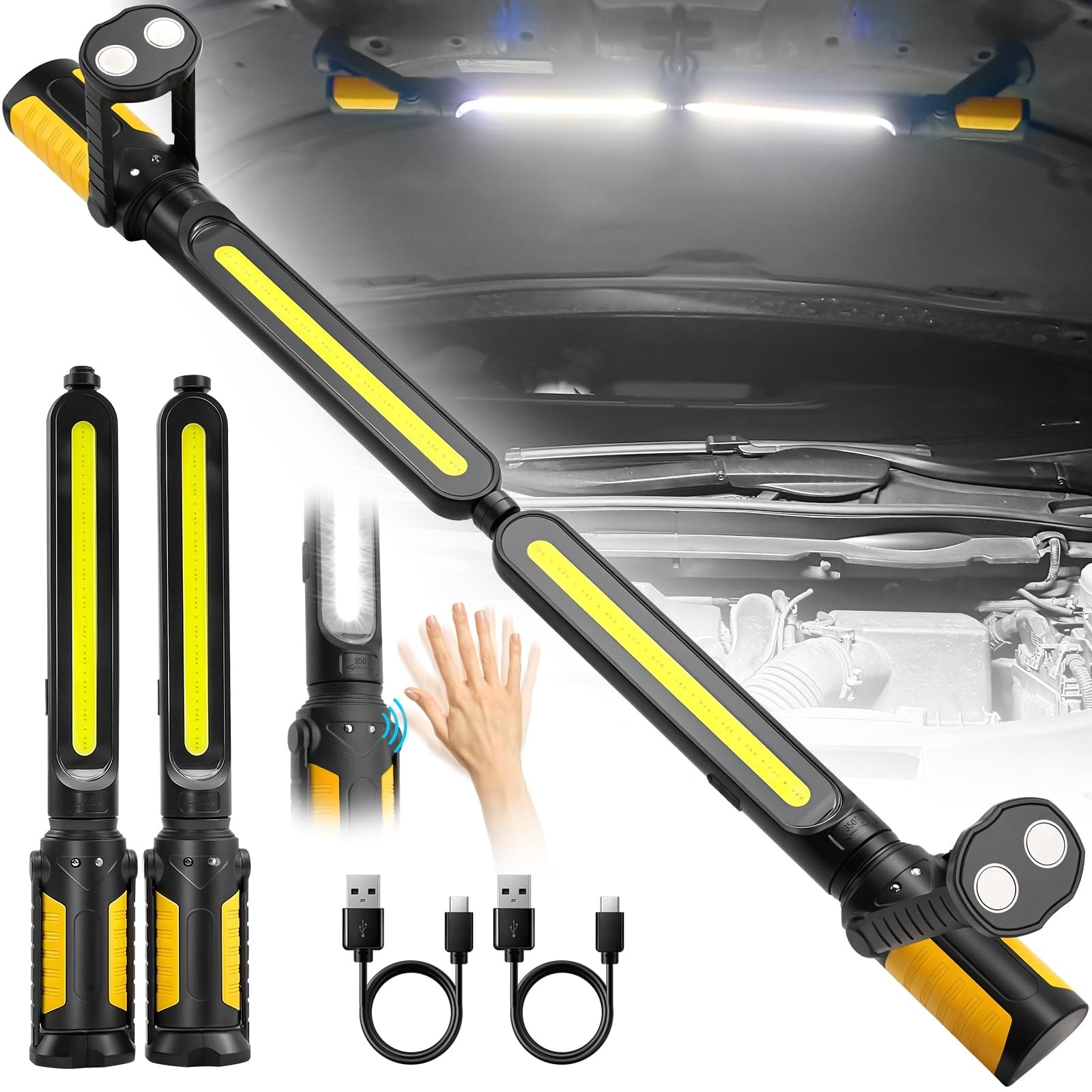 Justincity  1 Piece Dual-Light 2400 Lumens Rechargeable LED Underhood Work Light with Magnetic Base Sensor Control Hooks for Garage Car Repair