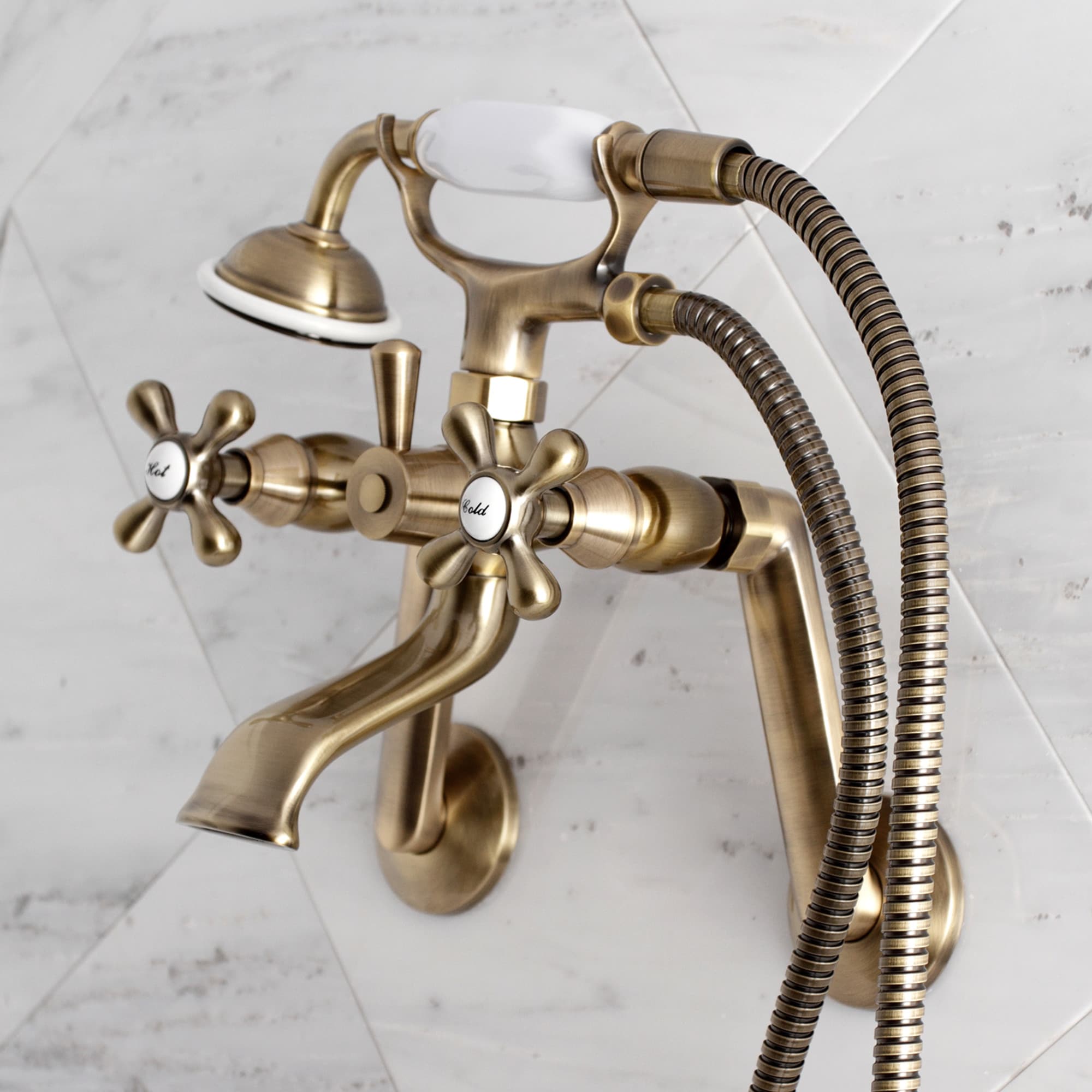 Kingston Brass WLKS269AB Vintage Antique brass 3-handle Wall-mount Low-arc Bathtub Faucet with Hand Shower ( Valve Included )