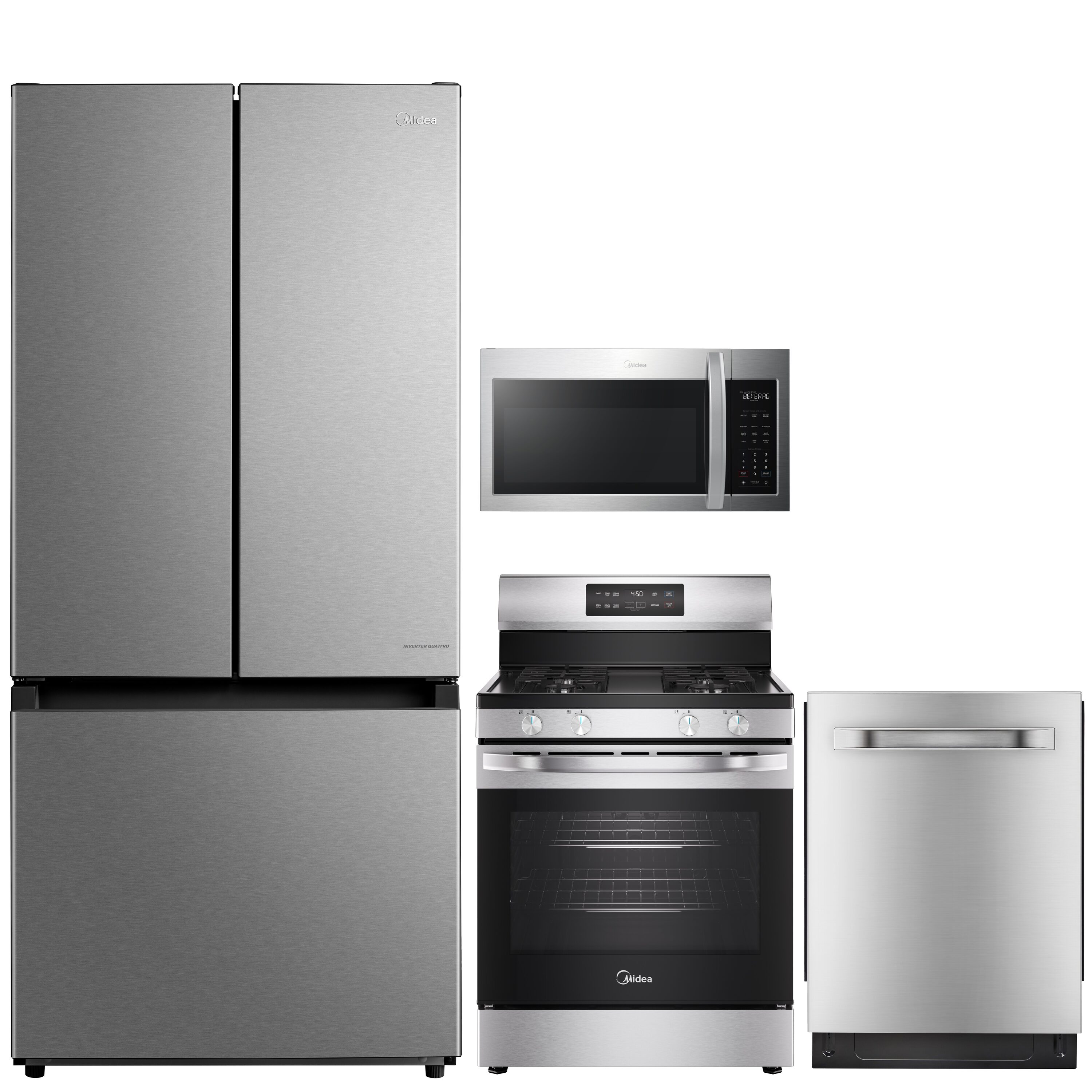 Midea  18.4-cu ft French Door Refrigerator with 30-in Electric Range and 24-in Built-in Dishwasher Kitchen Appliance Package in Stainless Steel