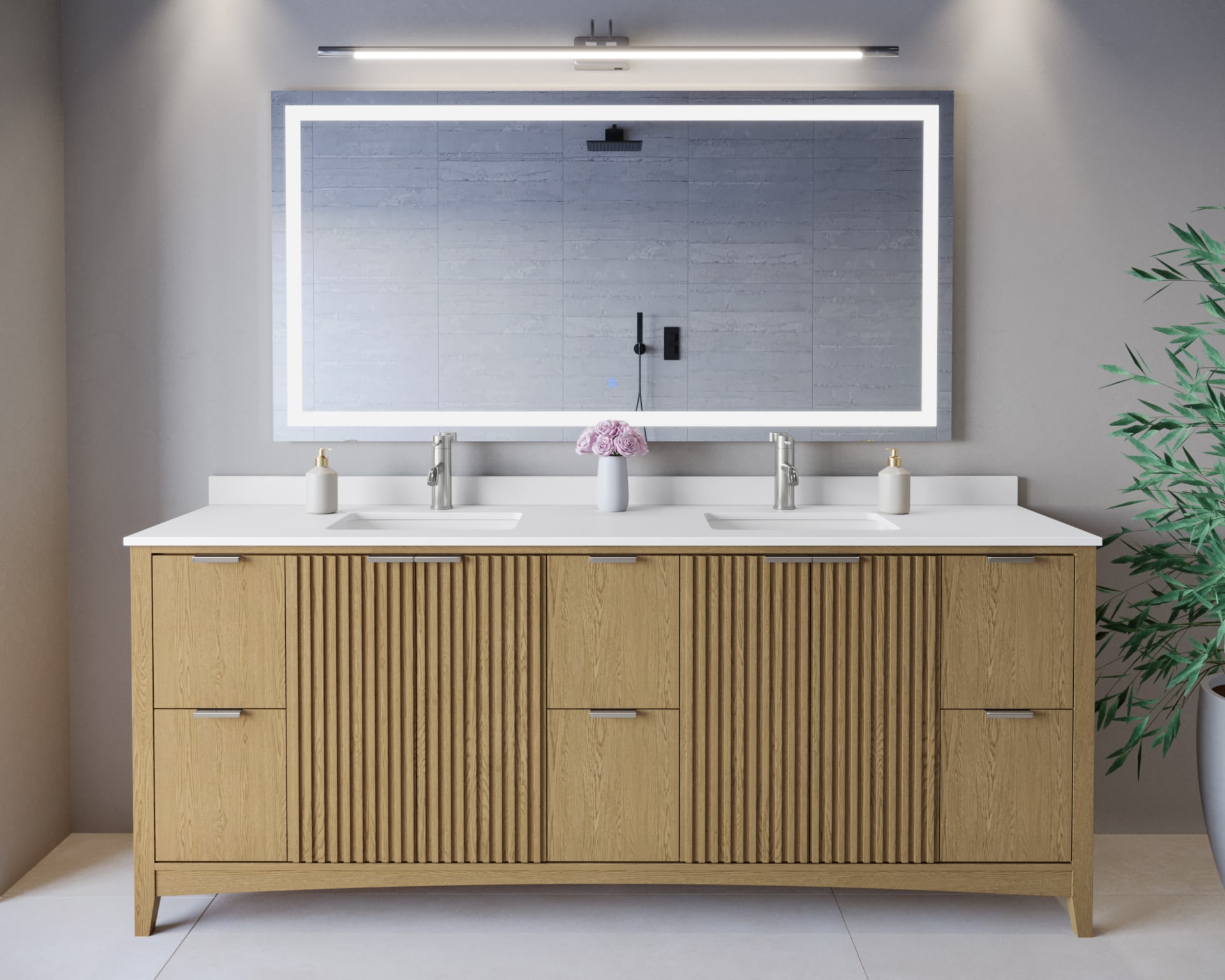 Wyndham Collection WCF919184DNOWCUNSMXX Palmilla 84-in Natural Oak with Brushed Nickel Trim Undermount Double Sink Bathroom Vanity with White Cultured Marble Cultured Marble Top