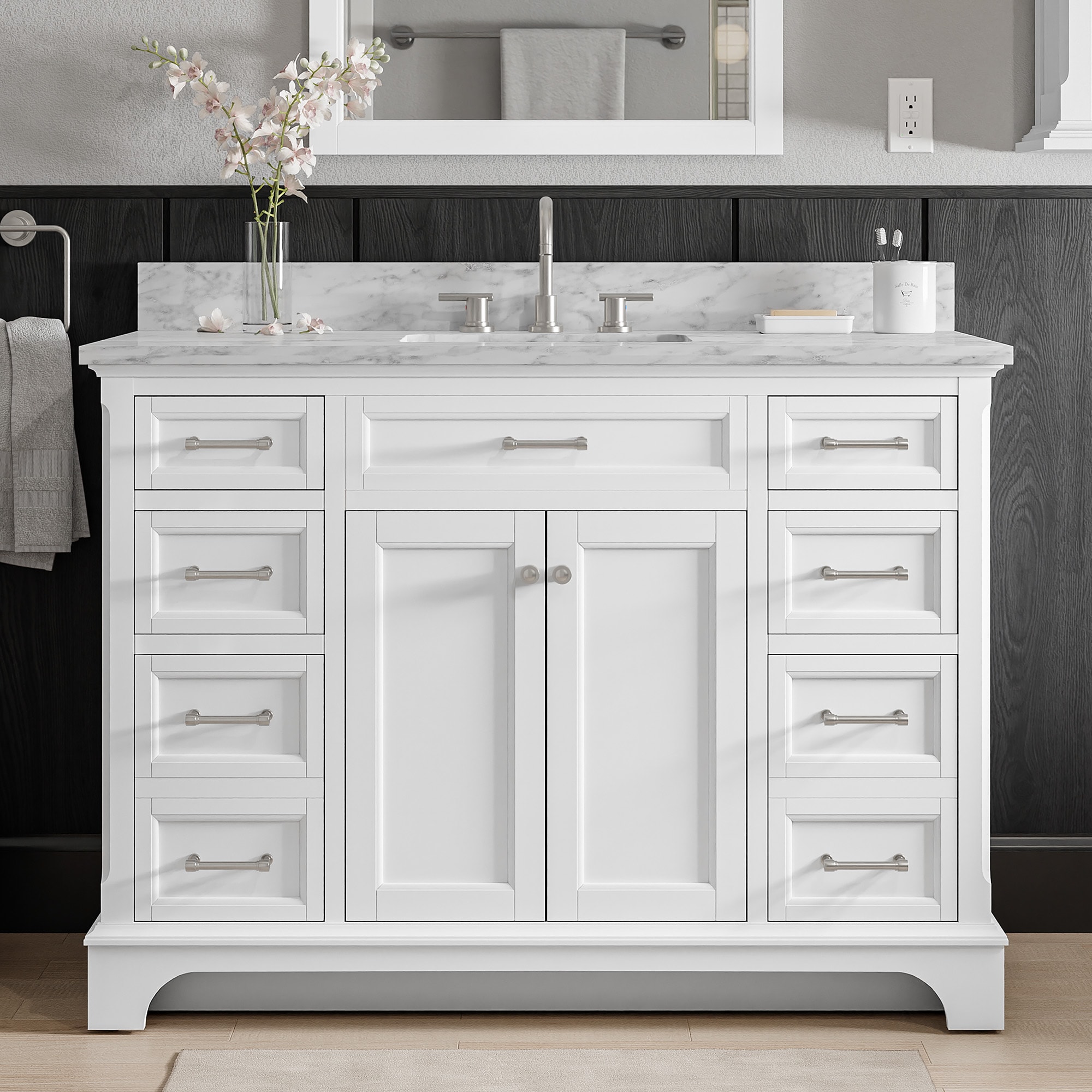 Roveland 48-in White Undermount Single Sink Bathroom Vanity with Carrara Natural Marble Top | - allen + roth 2026VA-48-201-900L