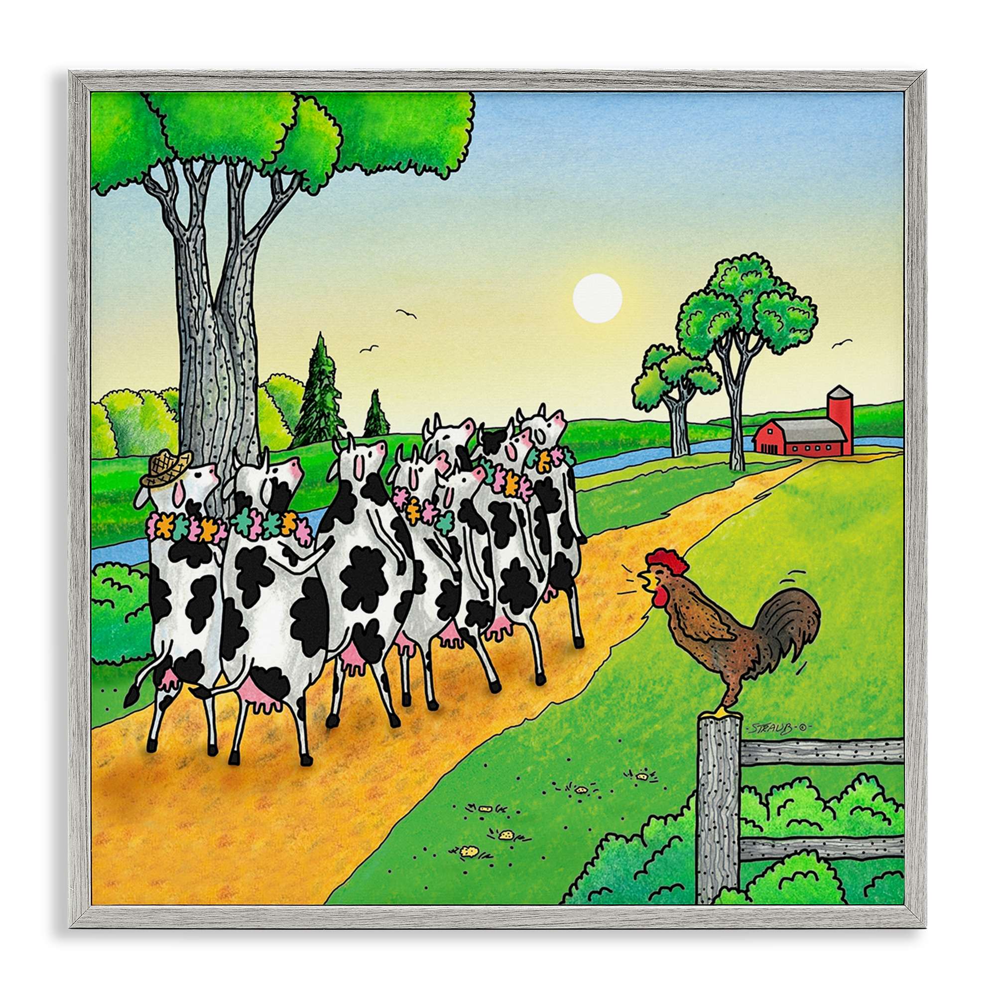 Stupell Industries BT-017-GFF-17X17 Funny Cows Come Home Gray Framed Giclee Art By Roger Straub 17 x 17