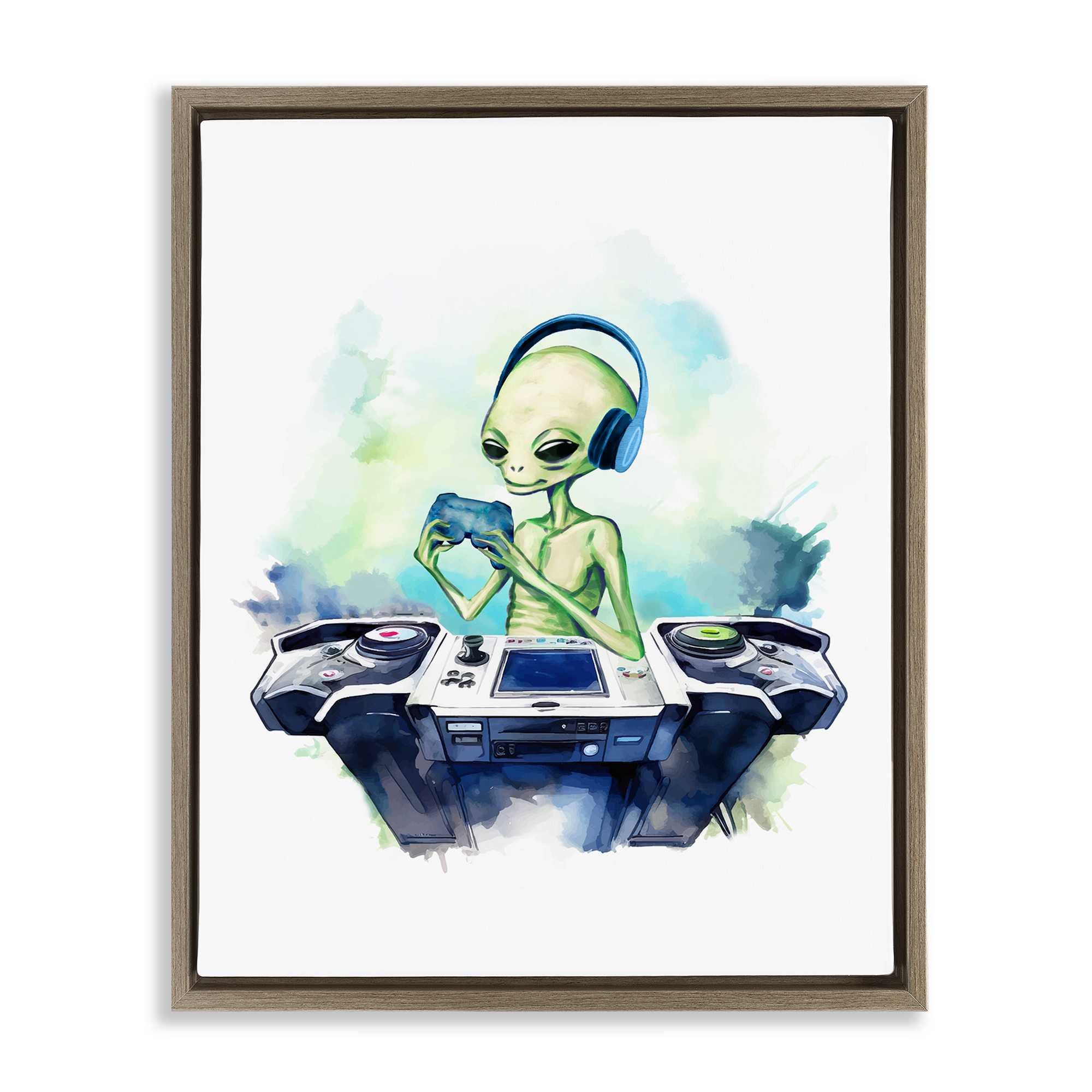 Stupell Industries BT-173-FFE-24X30 Tech Alien Playing Video Games Brown Framed Floater Canvas Wall Art By Lil' Rue 25 x 31