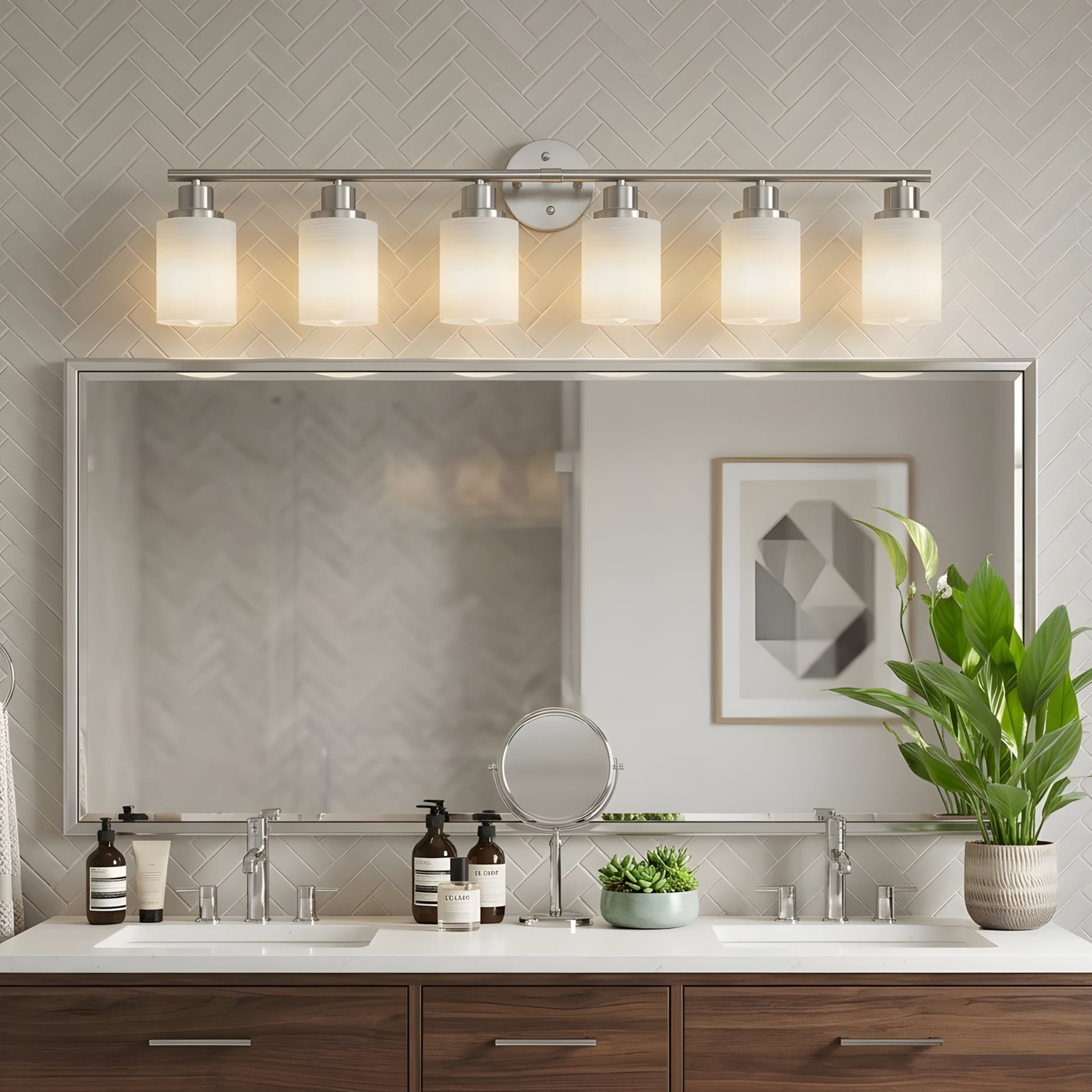 RCCFBHM 39-in 6-Light Brushed Nickel Transitional-Style Bathroom Vanity Light with Frosted White Glass Shades