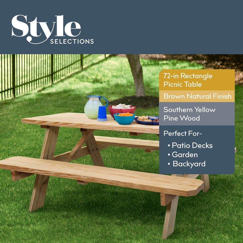Style Selections 72-in Brown Southern Yellow Pine Rectangle Picnic Table