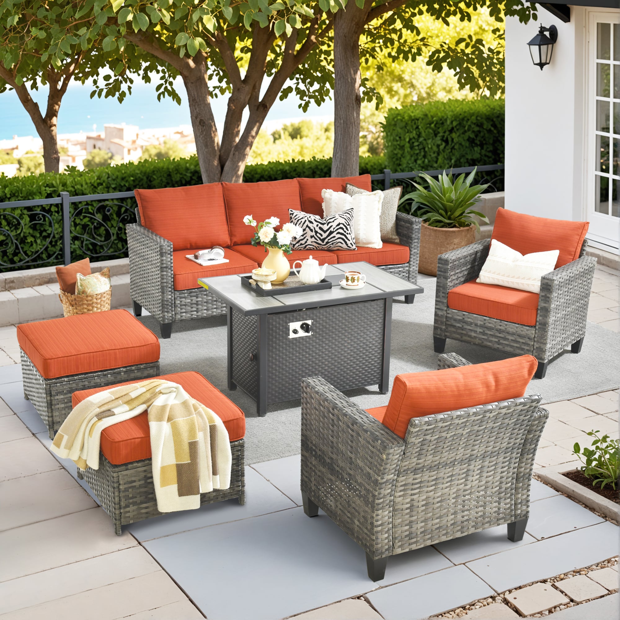 Pouuin SCFPNGRS805 6 -Piece Wicker Patio Sofa Conversation Set with Orange Cushions