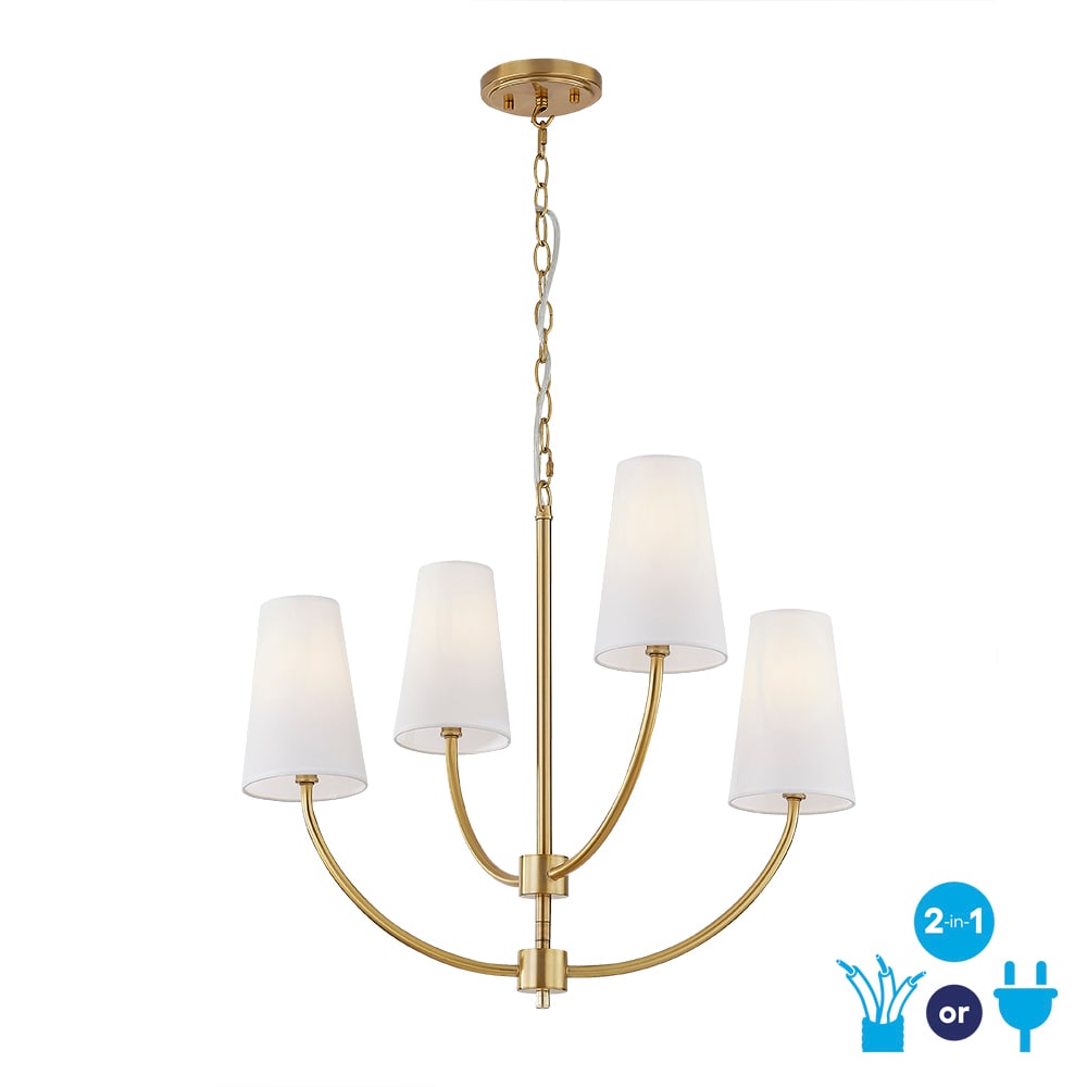allen + roth LW1877-LGD-CV Graysea 4 -Light Satin Gold Transitional Plug-in/Hardwired For Use in Bedrooms, Dining Rooms, Foyers, Kitchens, Living Rooms Chandelier