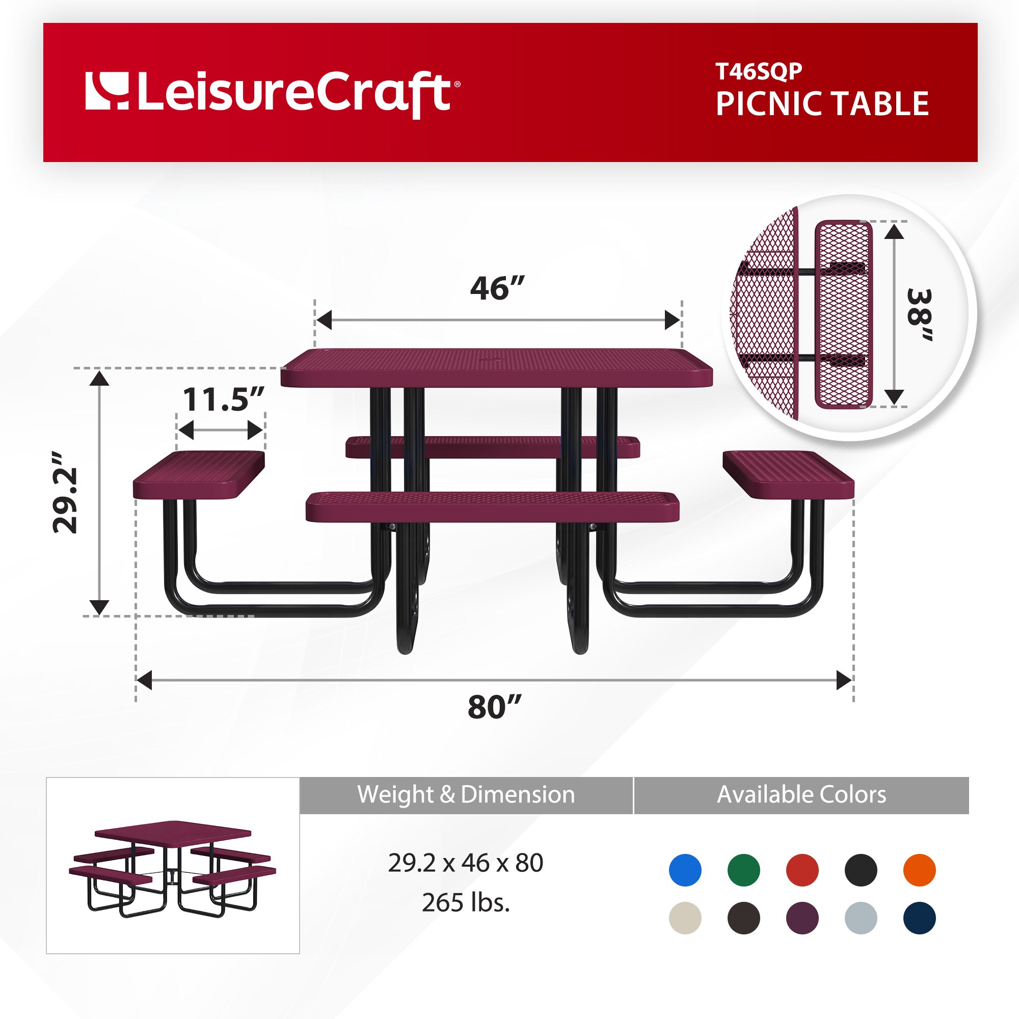 LeisureCraft T46SQP-BURGUNDY Picnic-Tables - View #6