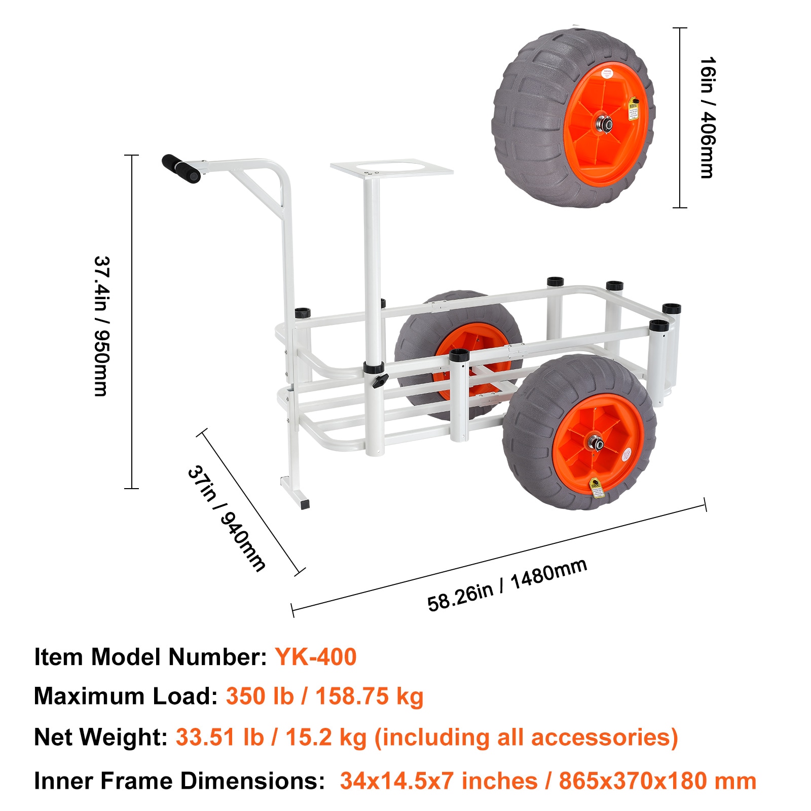 Heavy-Duty White Aluminum Beach Fishing Cart with Balloon Tires