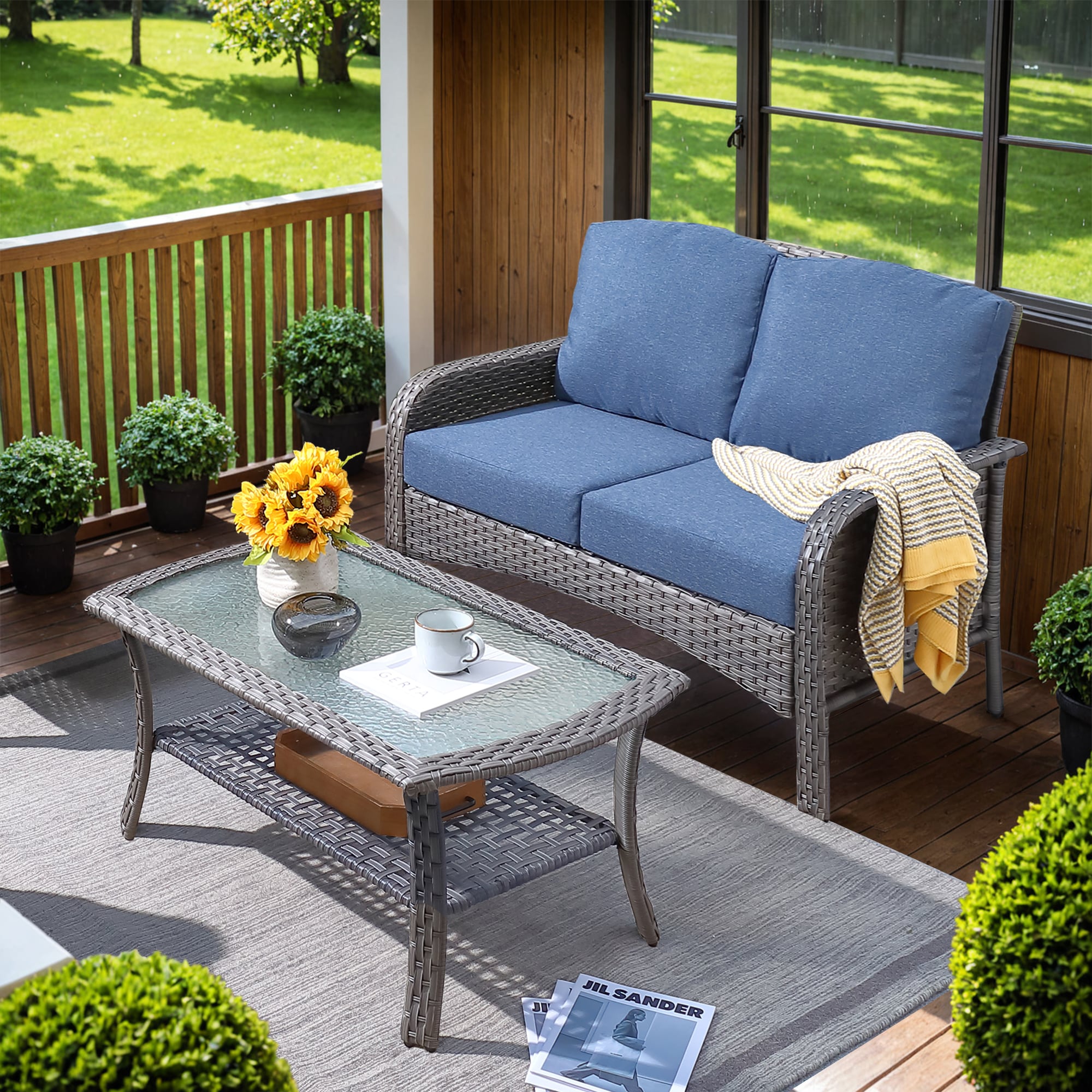 Pouuin SDNG3-2 2 -Piece Wicker Patio Conversation Set with Blue Cushions