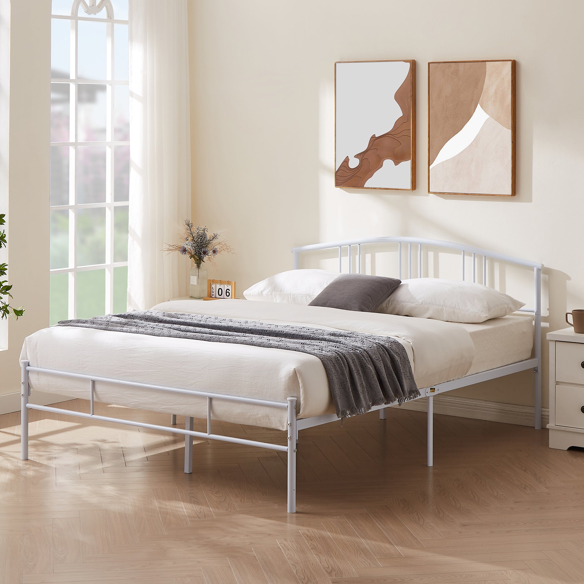 Vecelo LOE-DX-Q34-WHE Queen Bed Frame White Beds Metal Platform Mattress Foundation with headboard Footboard Steel Slat Support Easy Assembly