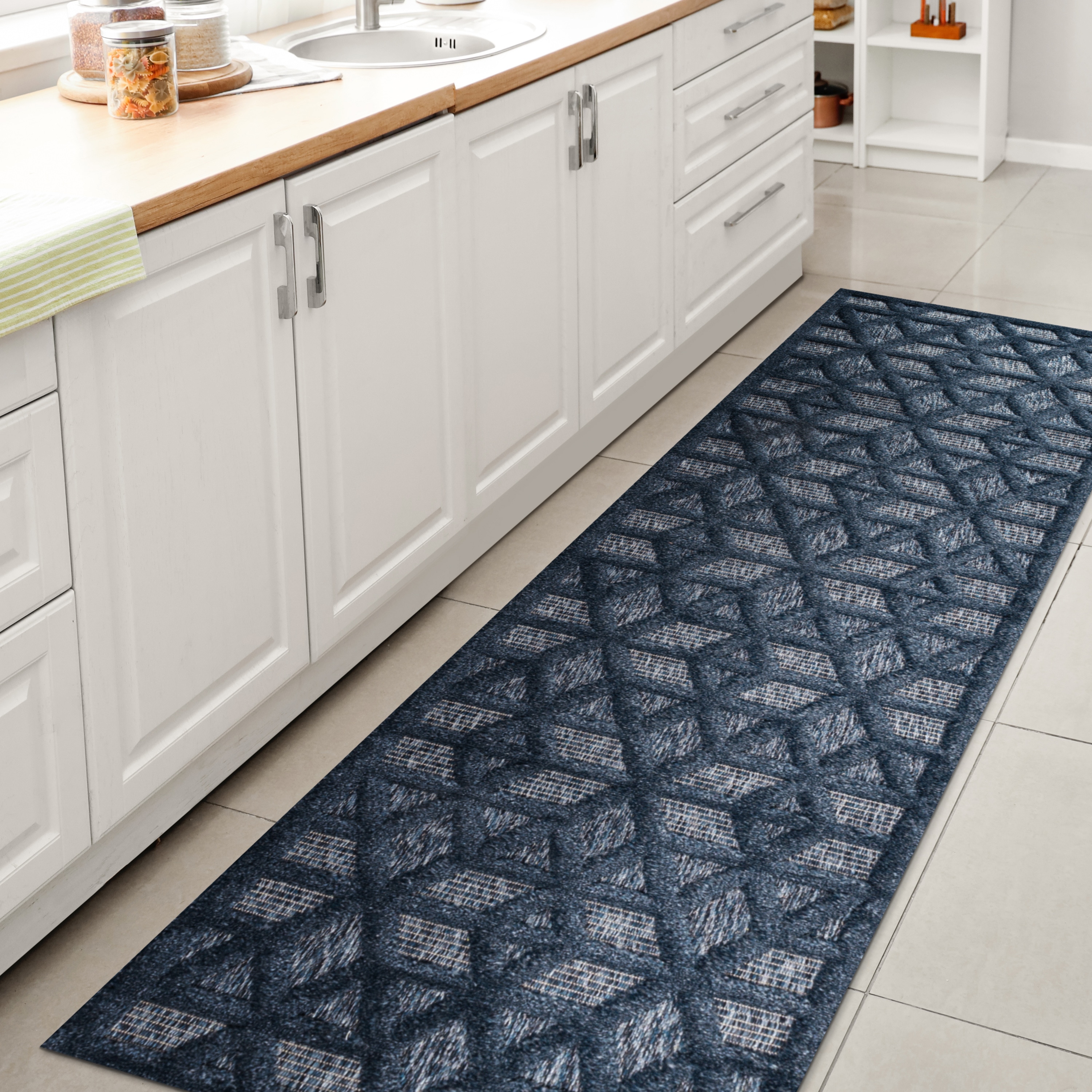 JONATHAN  Y IBZ102B-28 IBIZA Talaia Neutral Geometric 2 x 8 (ft) Loomed Polypropylene Navy Rectangular Indoor/Outdoor Geometric Bohemian/Eclectic Runner rug