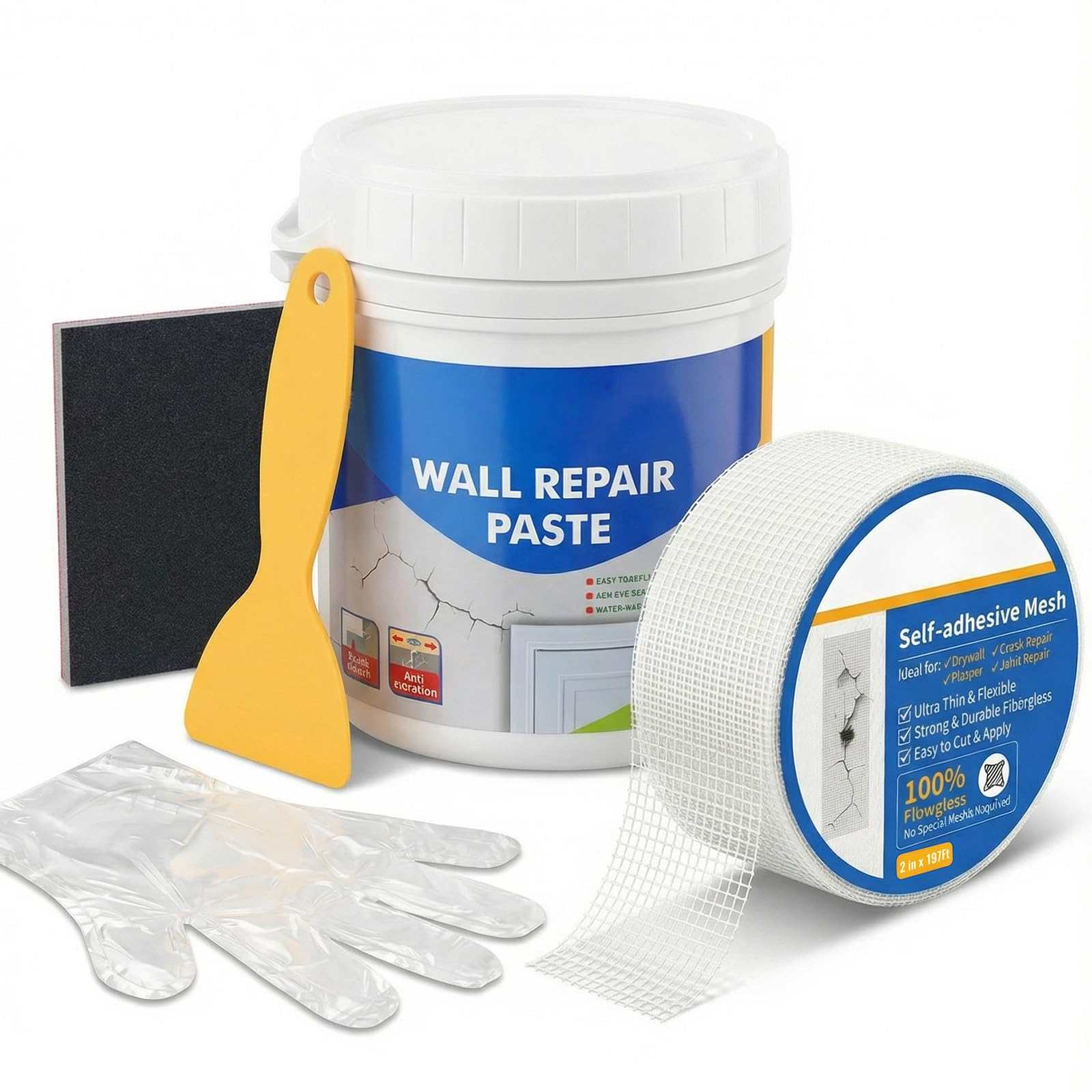 Angel Sar 18 Oz Drywall Repair Paste with Scraper Self Adhesive Mesh for Small Hole Nail Dent Crack Quick Dry Ready to Use Wall Fix