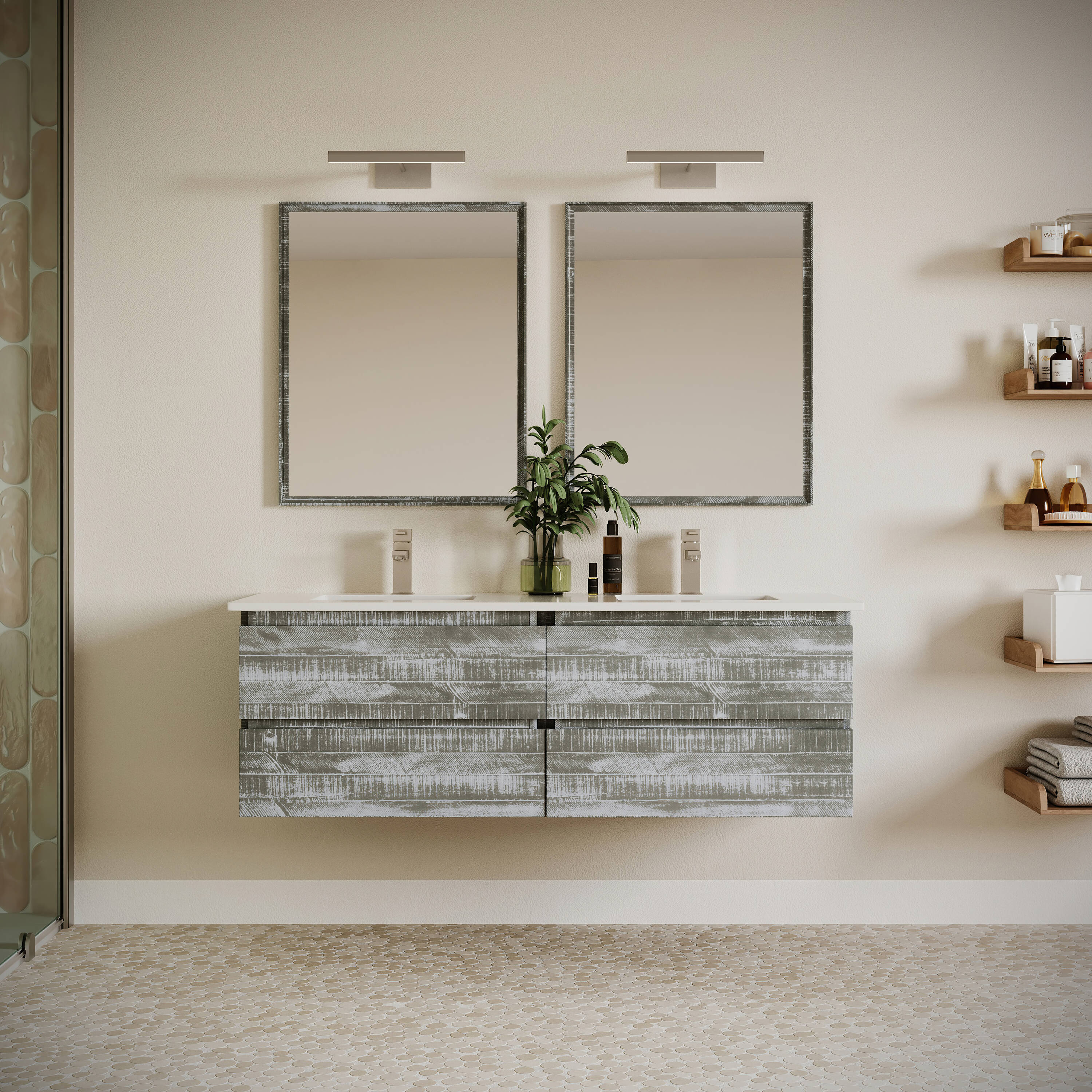 Fresca FVN31-3030ASH Formosa 60-in Sage Gray Undermount Double sink Floating Bathroom Vanity with White Quartz Top (Mirror Included)