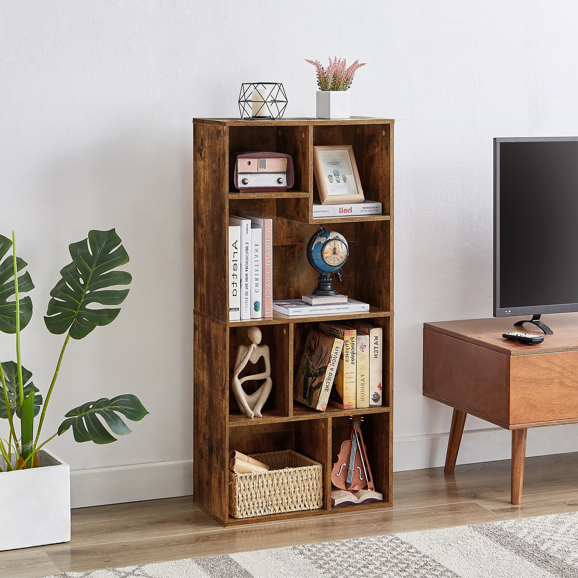 Vecelo LOE-B11-BRN 42 Inch High Bookcase 4 Tier Modern Storage Cabinet with Height Difference Shelves Floor Standing Display