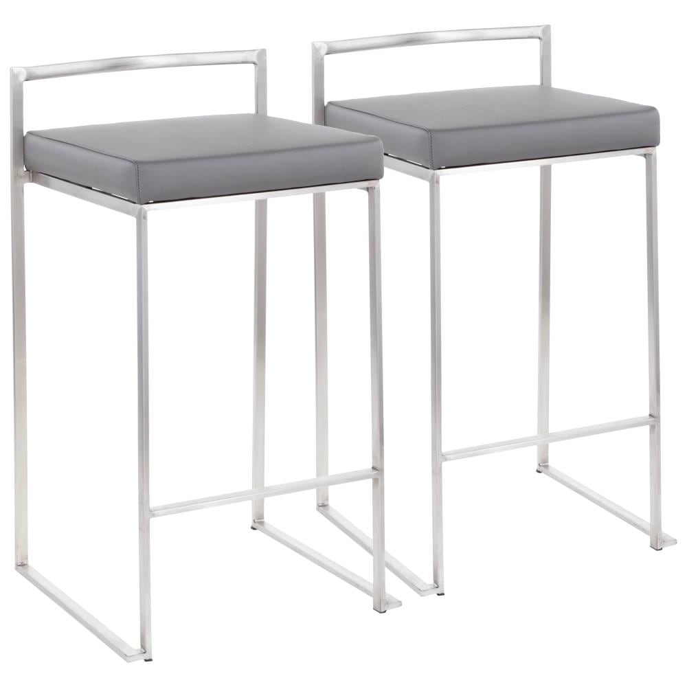LumiSource B26-FUJI GY2 Fuji Set of 2 Brushed Stainless Steel, Grey Pu 31-in H Bar height Upholstered Stackable Metal Bar Stool
