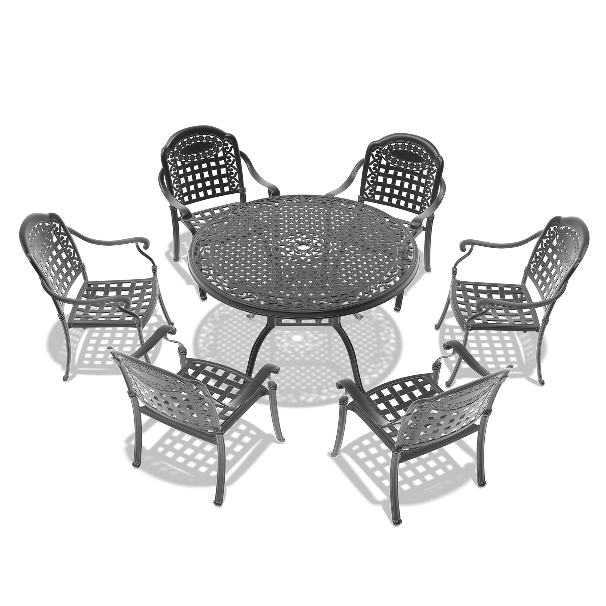 Kahomvis NICE-QP1092-136 7 -Piece Black Patio Dining Set Aluminum Round Table with 6 Multiple colors/finishes Cushions Stationary Chairs
