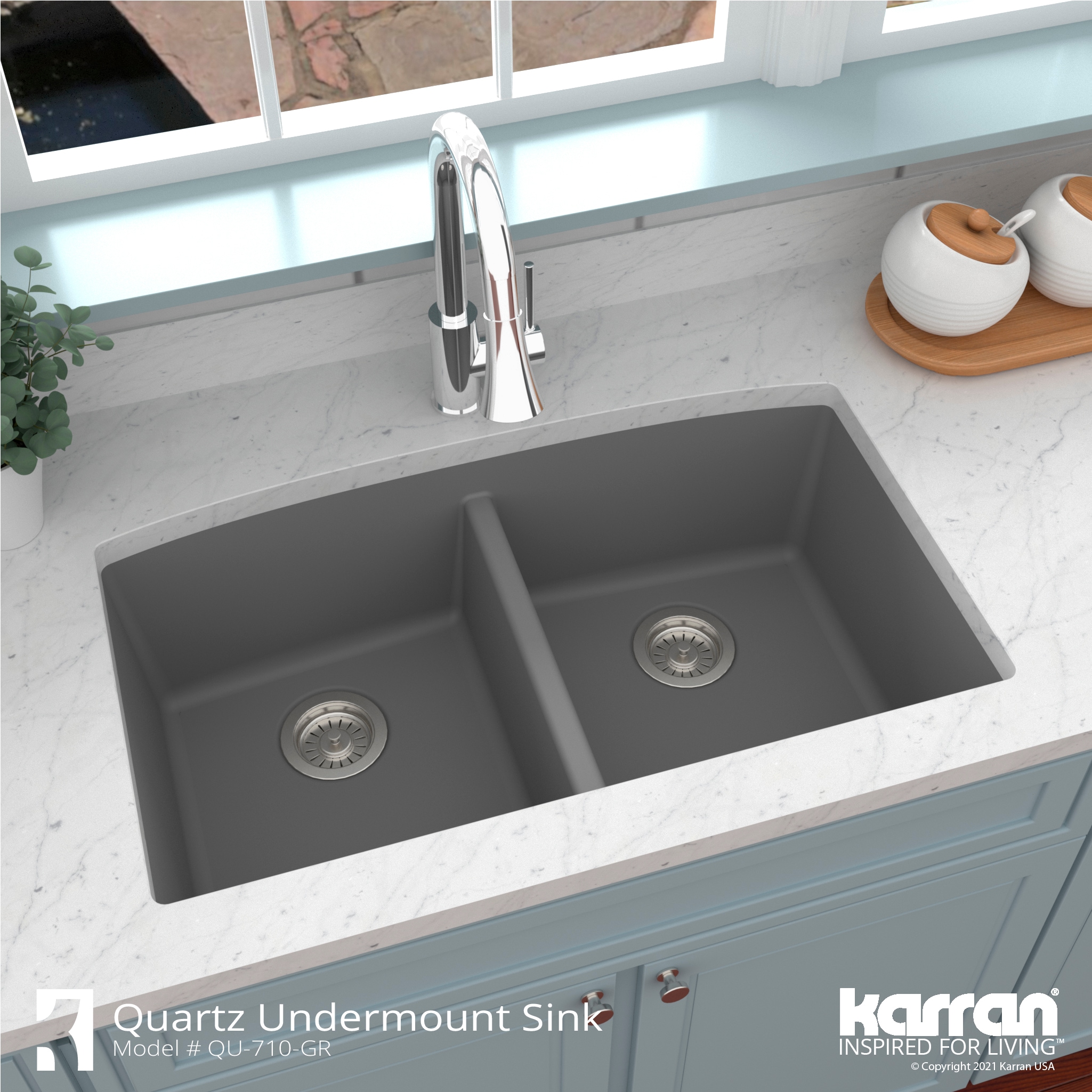 Karran Undermount 32.5-in x 19.5-in Grey Quartz Double Equal Bowl Kitchen  Sink