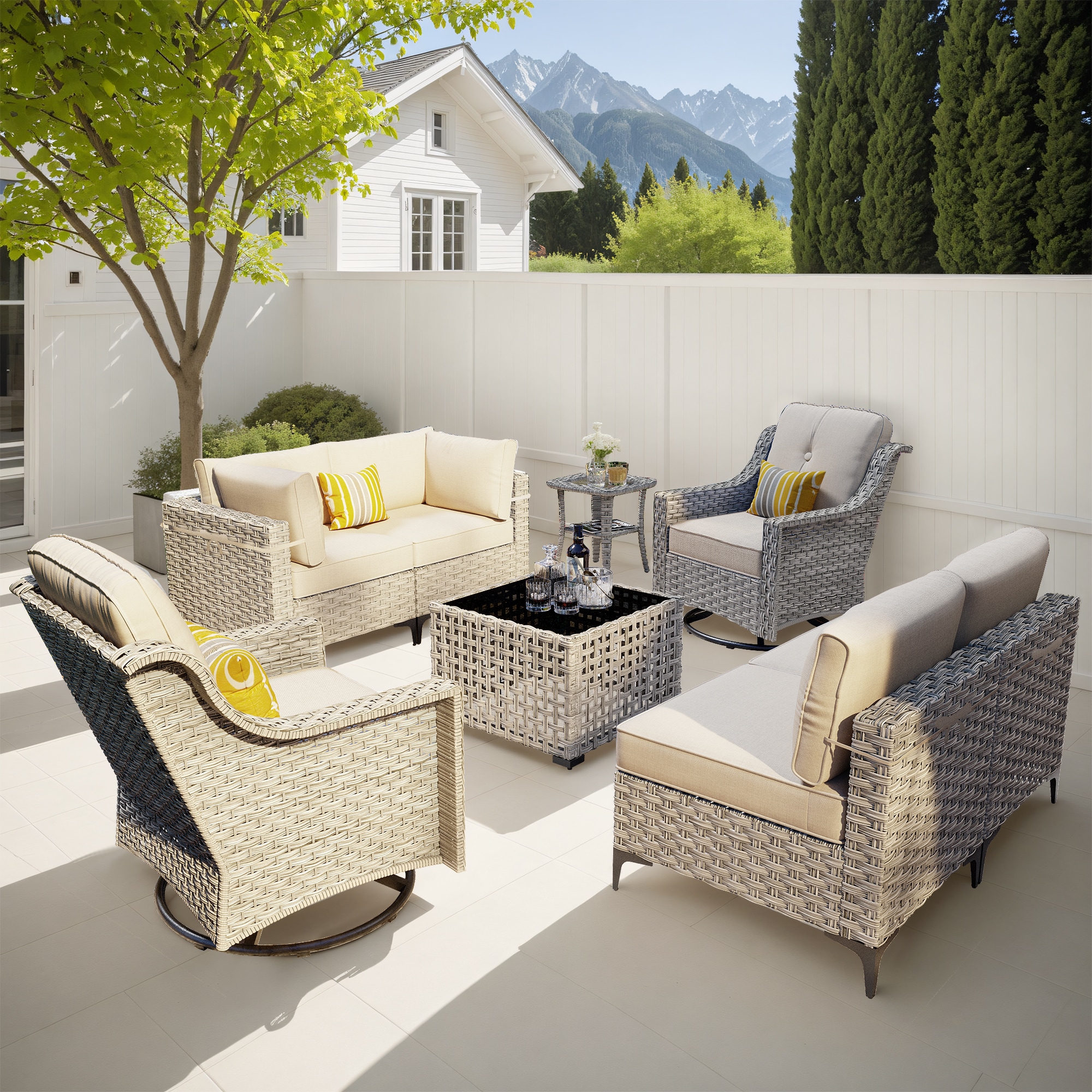 Pouuin SYZKT605 5 -Piece Wicker Patio Conversation Set with Beige Cushions