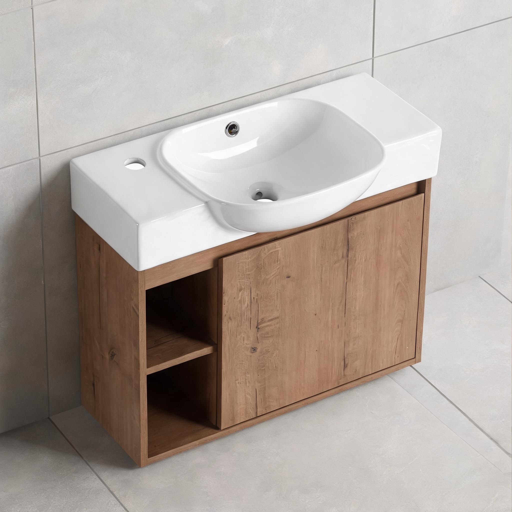SunJet Wall-Mounted Single Basin Vanity for Bathroom Storage Plywood Cabinet with Ceramic Sink 26 Inch Floating Contemporary Design