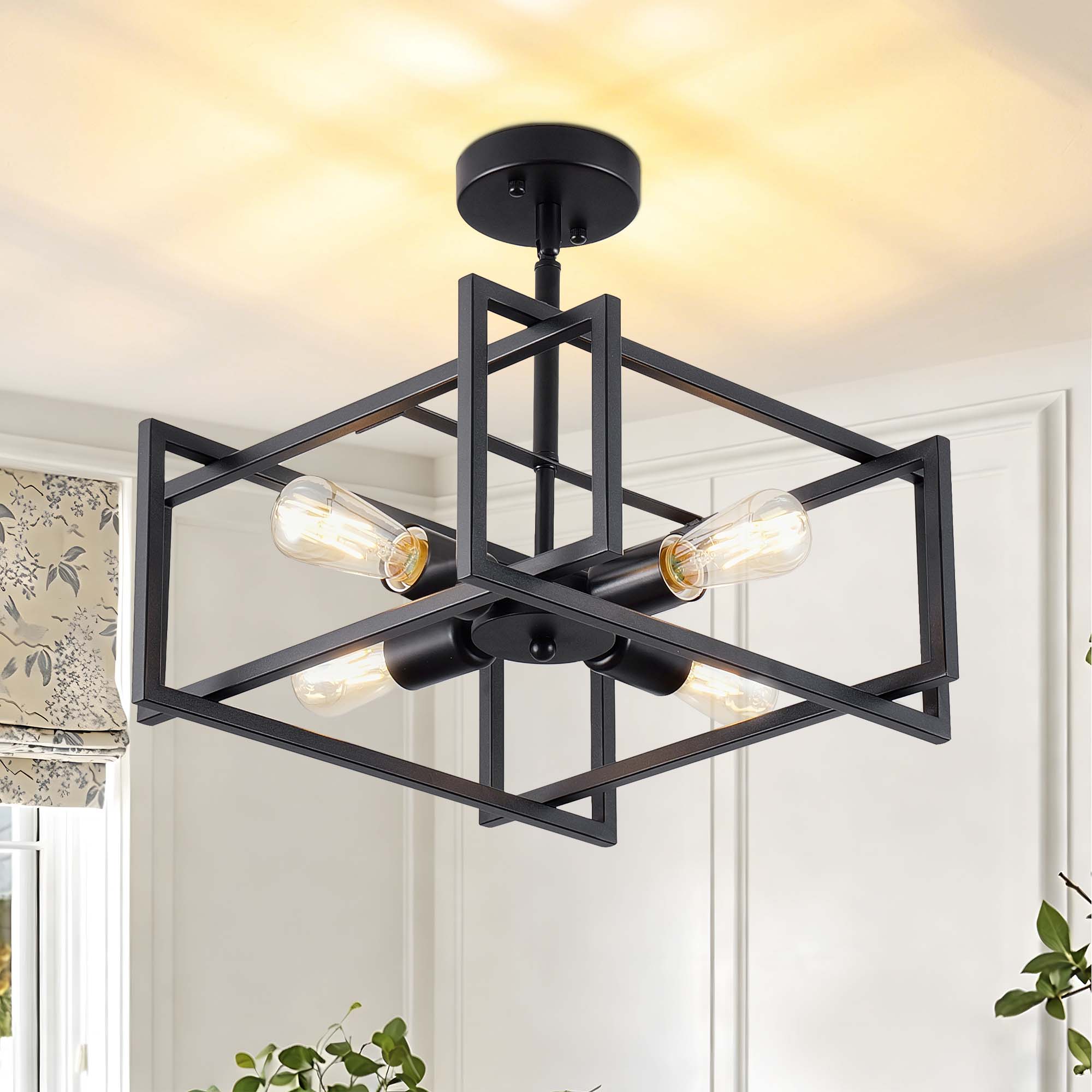 4-Lights Black Industrial Close to Ceiling Light Flush Mount Ceiling ...
