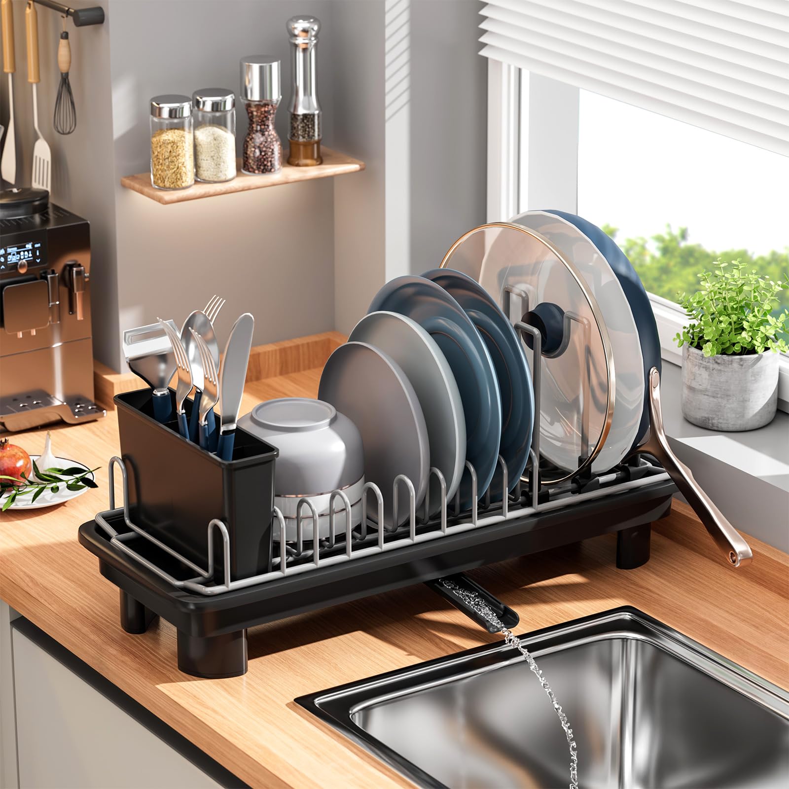 Anqtovp  Small Dish Drying Rack Stainless Steel Removable Utensil Holder Anti Scratch Base Drainage System Compact Space Saving for Kitchen
