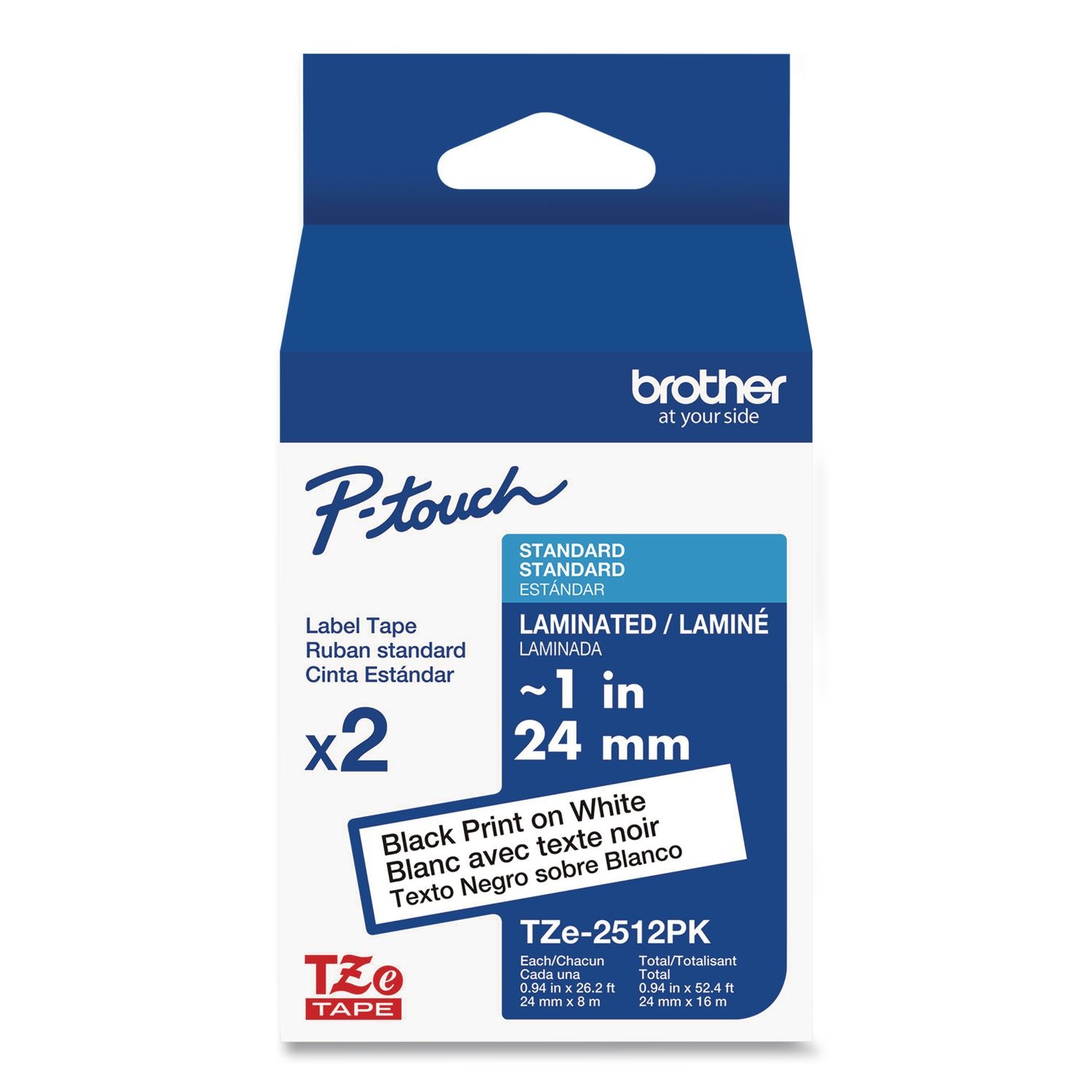 Brother TZe Standard Adhesive Laminated Labeling Tape 0.94 x 26.2 ft Black on White 2/Pack