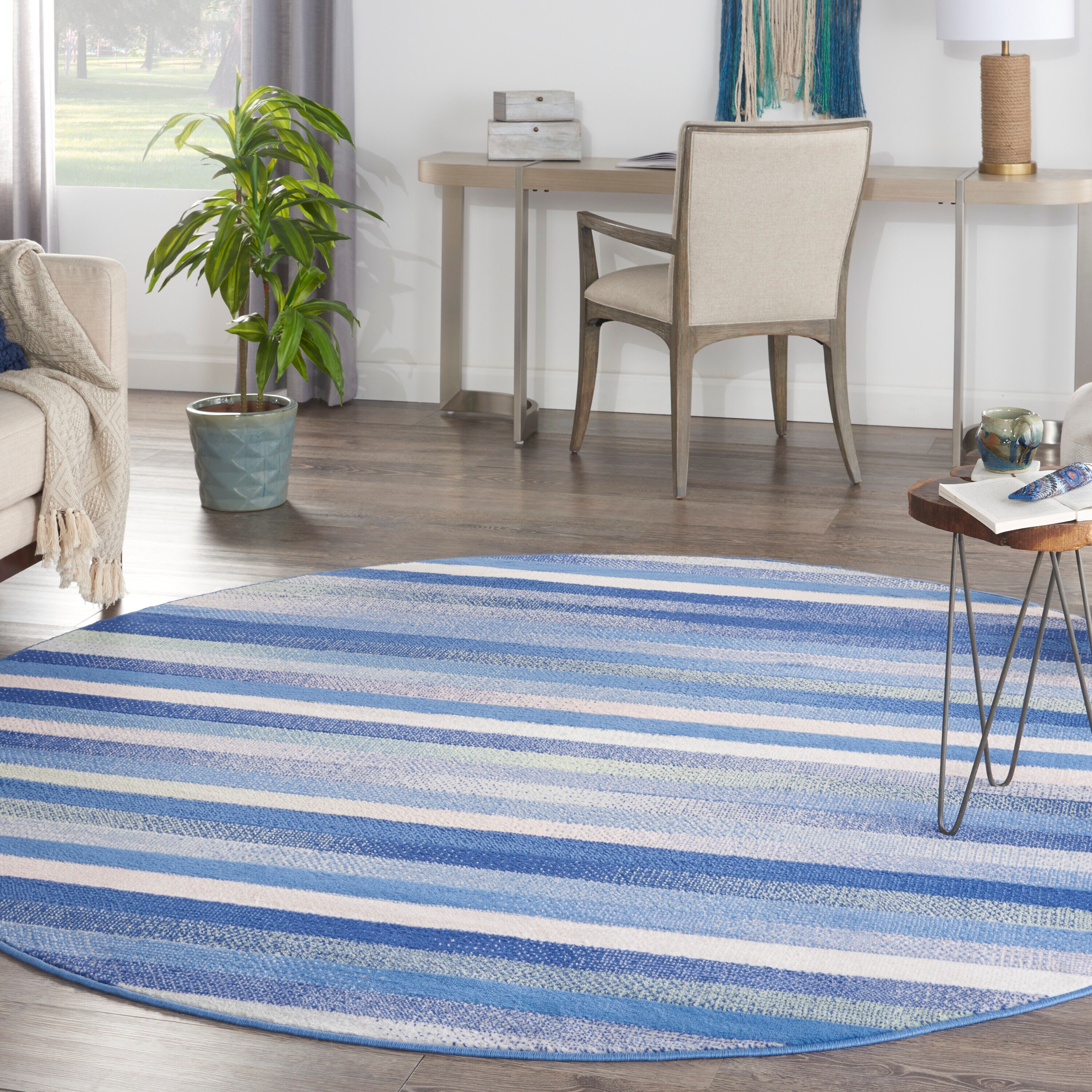 Nourison 99446833976 Whimsicle 8 x 8 (ft) Loomed Polypropylene Blue Multicolor Round Indoor Stripe Area rug