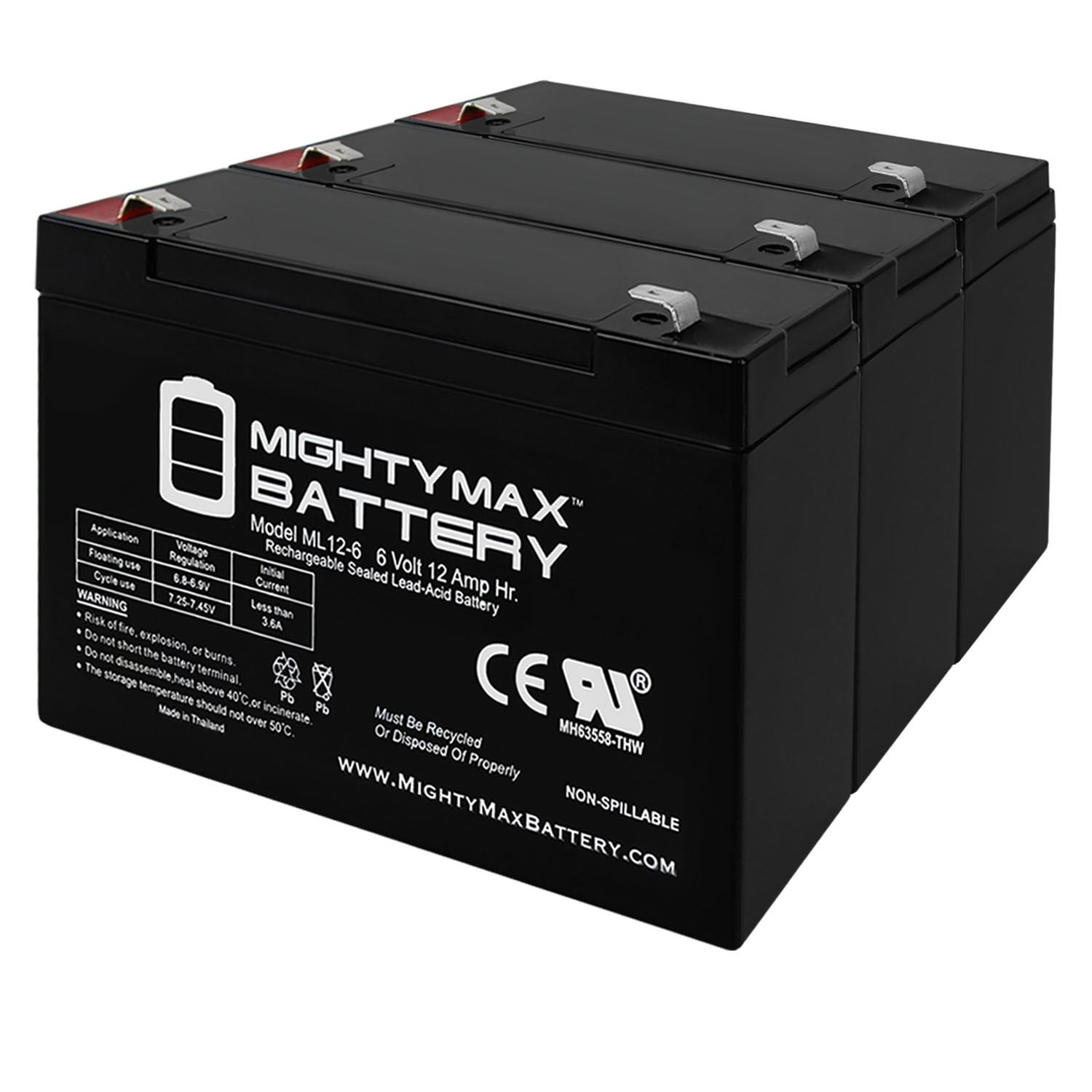 Mighty Max Battery MAX3816393 6V 12AH F2 Panasonic LC-R0612P1, LCR0612P1 Rechargeable Sealed lead acid 6120 Backup power Batteries 3 -Pack