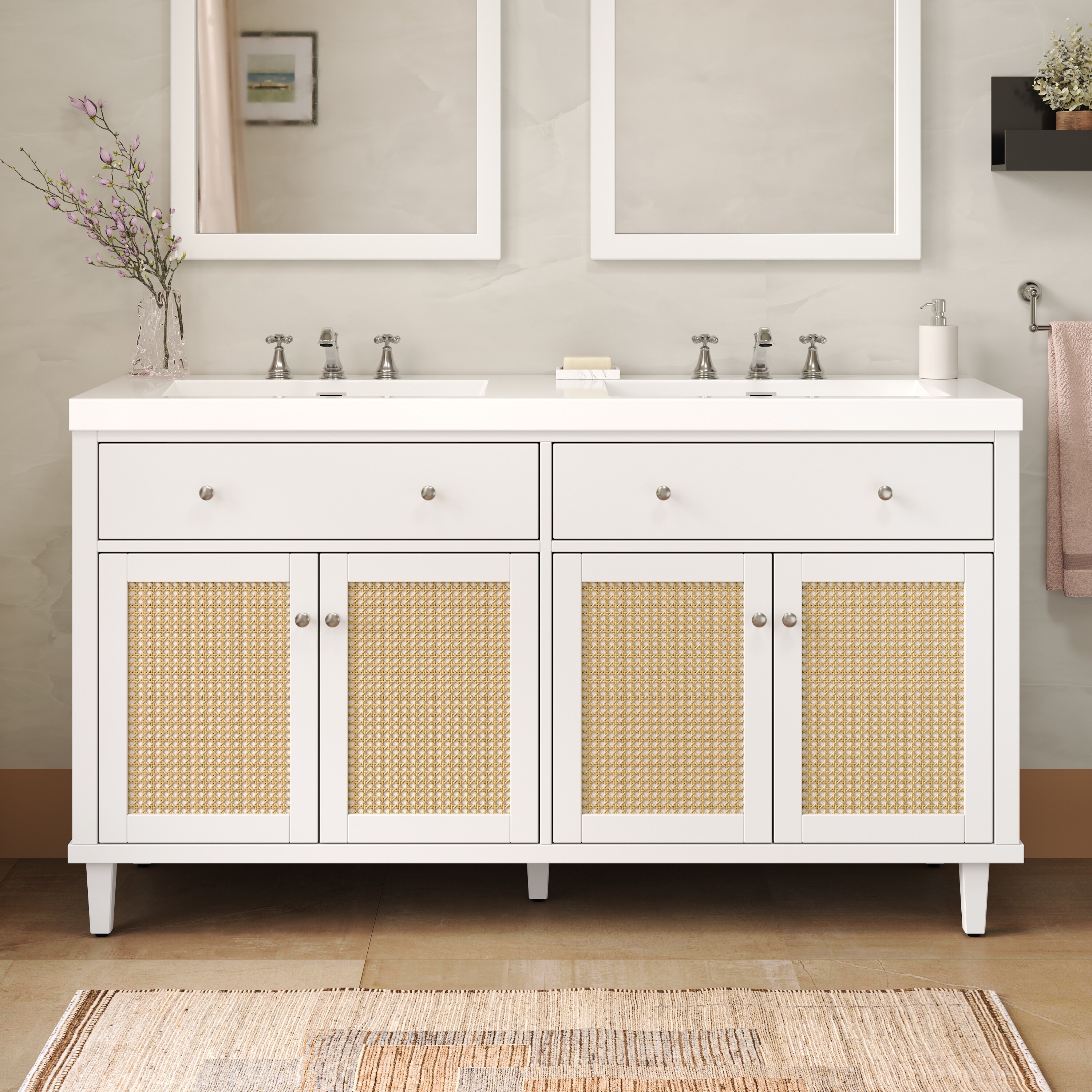 Tatayosi RY-P296140W 60-Inch Bathroom Vanity with Double Sink (SMC Sink) Large Storage Space with 2 Tip-Out Trays/Flip-Out Drawers and 4 Soft Closing Doors Solid Wood Legs and Silver Metal Knobs White