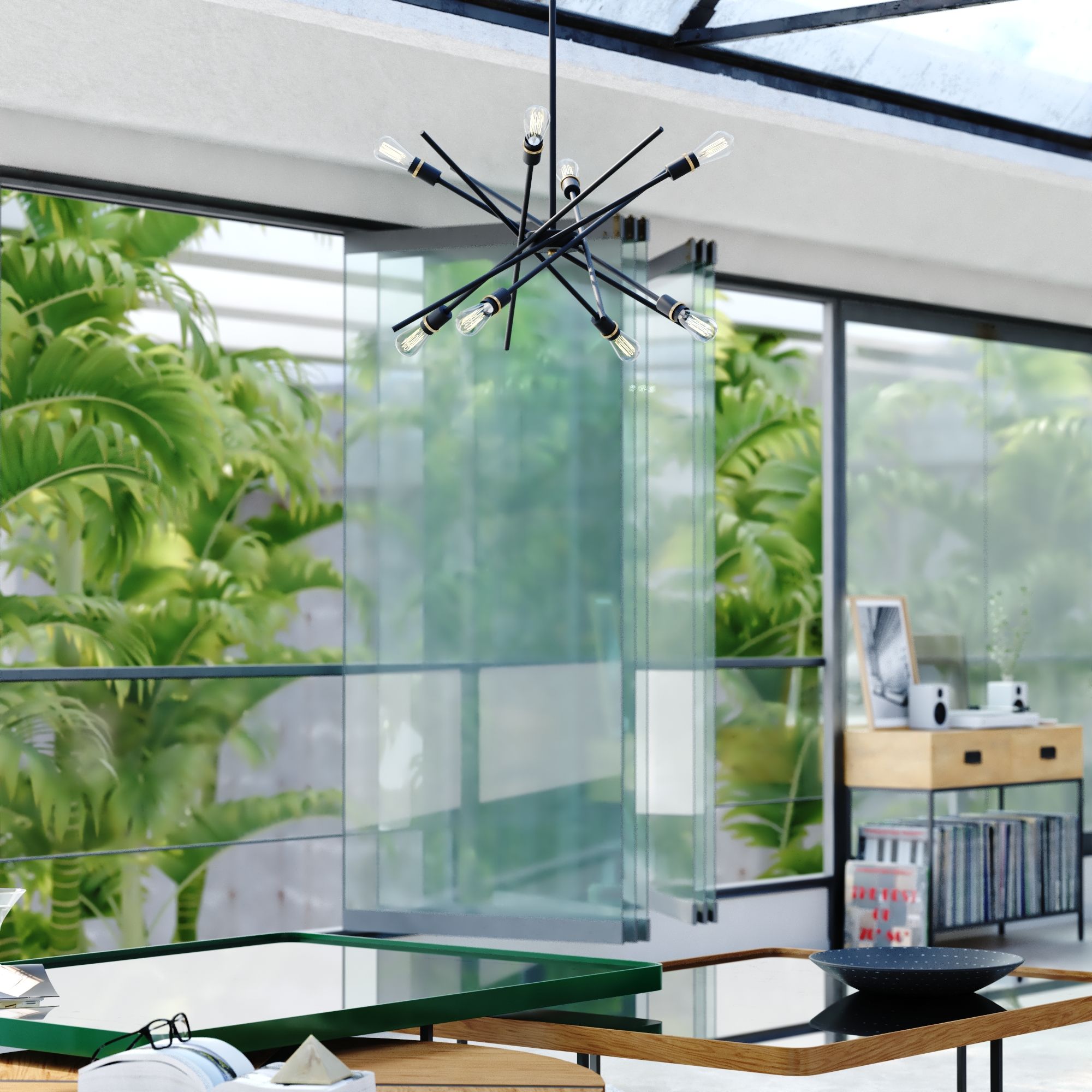 Halsted 29.25" Black and Satin Brass Mid-Century Modern Chandelier
