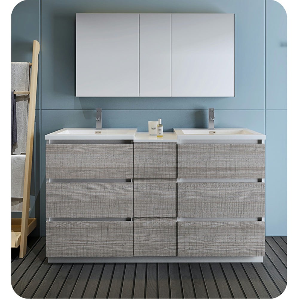 Fresca FCB93-241224HA-D-I Lazzaro 60-in Ash Gray - 3 PCS Double sink Bathroom Vanity with White Acrylic Top